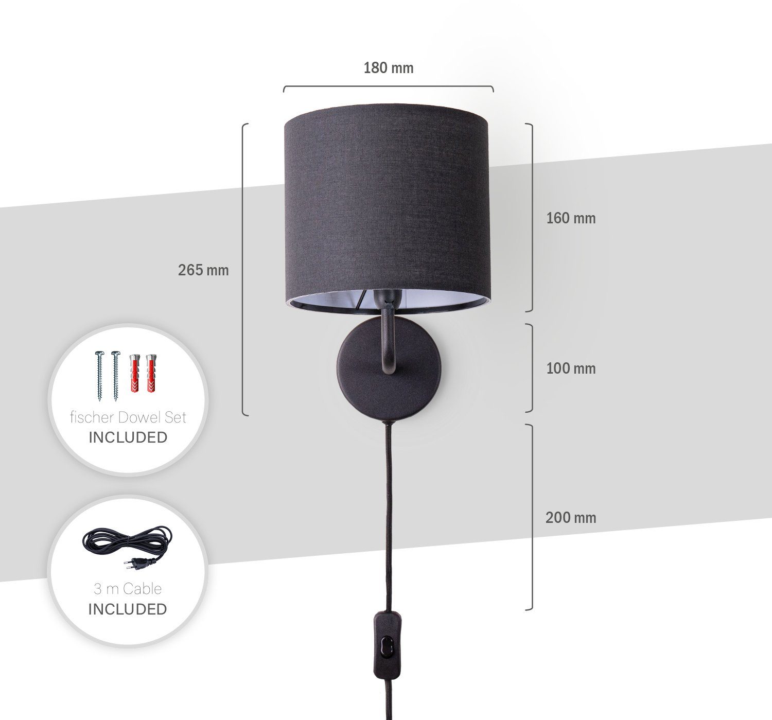 Paco Home Wandlamp Uni Color Wandlamp schakel gang woonkamer Ø…18cm effen decor kabel 3m E14