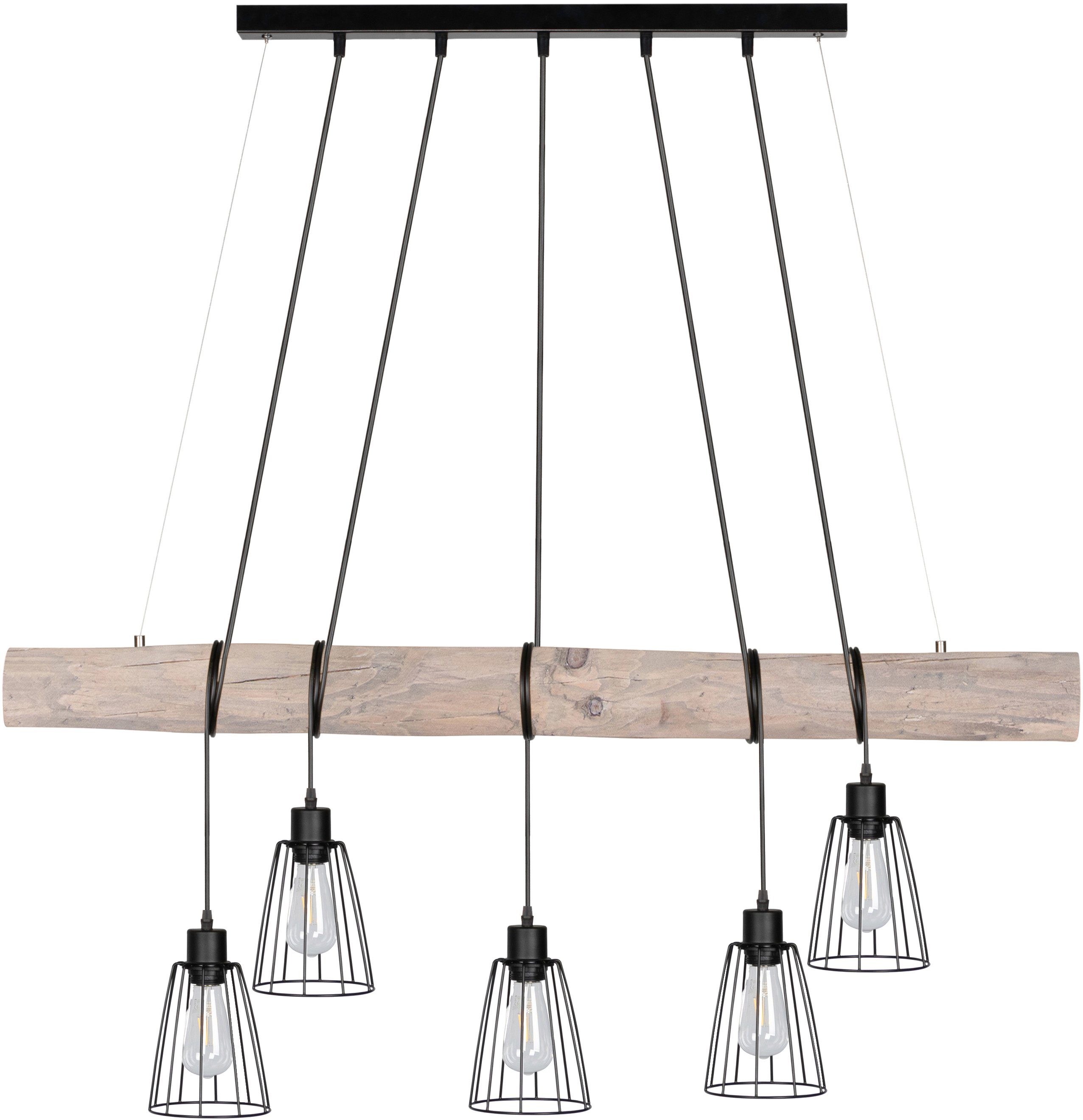 SPOT Light Hanglamp TRABO LONG Hanglamp, houten balk van massief grenenhout ø 8-12 cm, hout grijs gebeitst, open metalen kappen, bijpassende LM E27/exclusief, Made in Europe