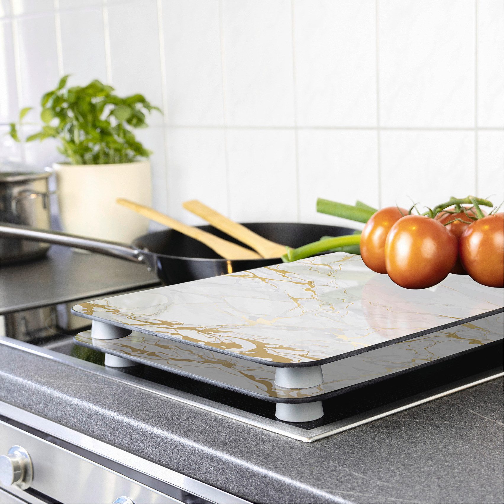 WENKO Kookplaatdeksel Universal Model Marmor Gold Kookplaatafdekking voor alle soorten kookplaten, krasvast, met antislipvoetjes (set, 2-delig)