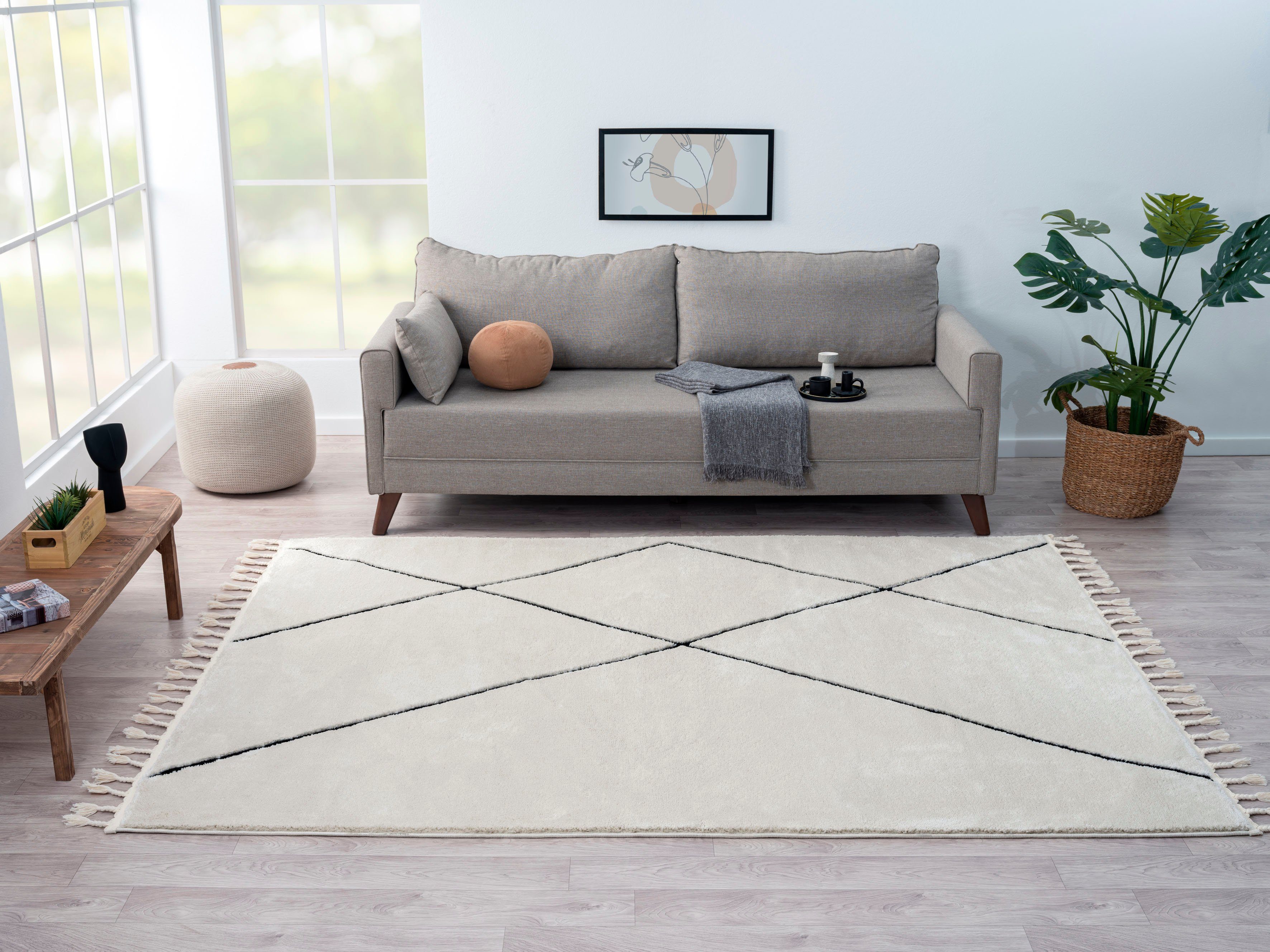 Myflair Möbel & Accessoires Hoogpolig vloerkleed Moroccan Signature modern, marokkaans ontwerp, ruitenpatroon, zacht, met franjes