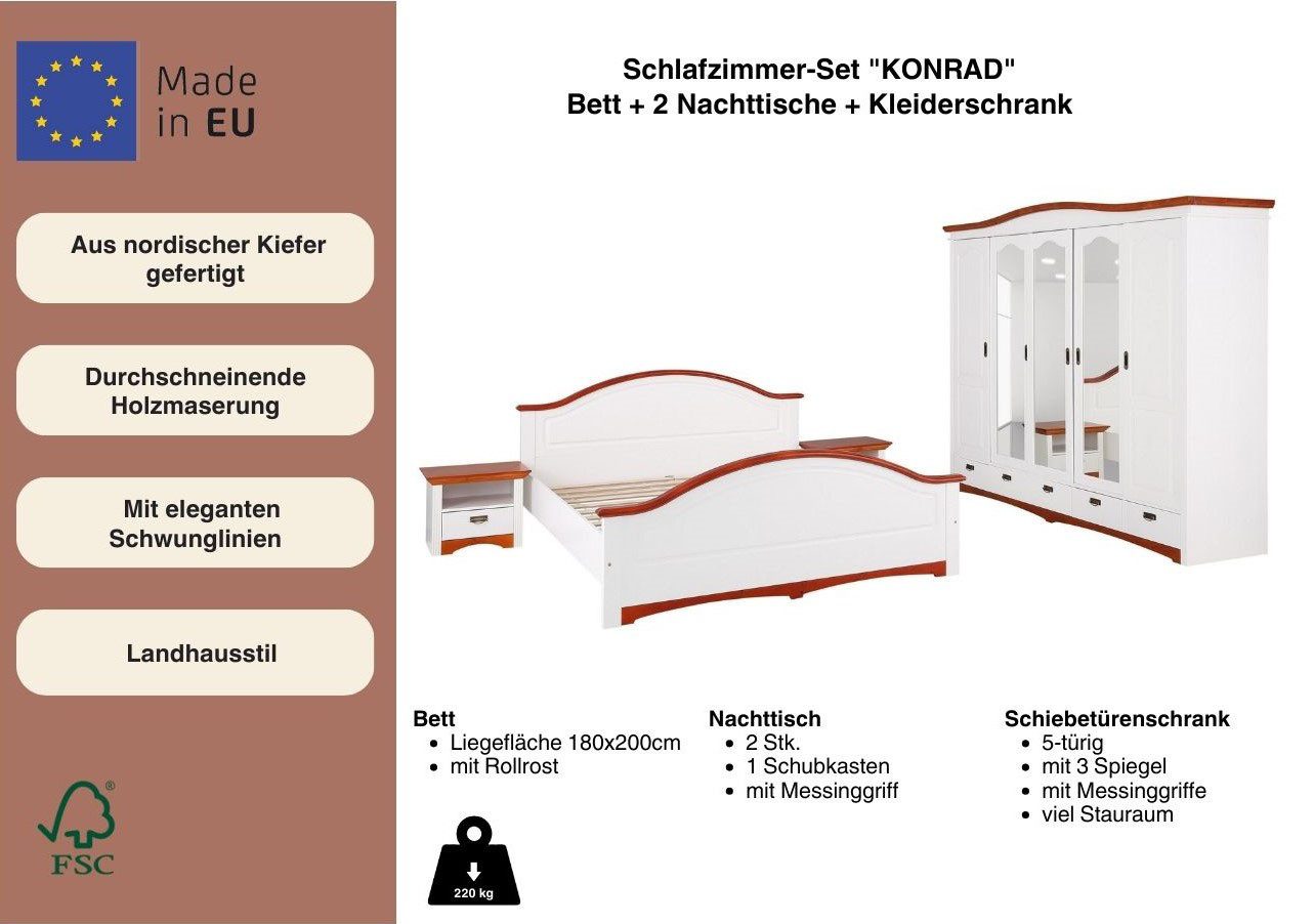 Home affaire Slaapkamerserie "Konrad", complete slaapkamerset met grote kast met 5-deurs kledingkast, bed 180x200 cm en 2 nachtkastjes (set, 4-delig)