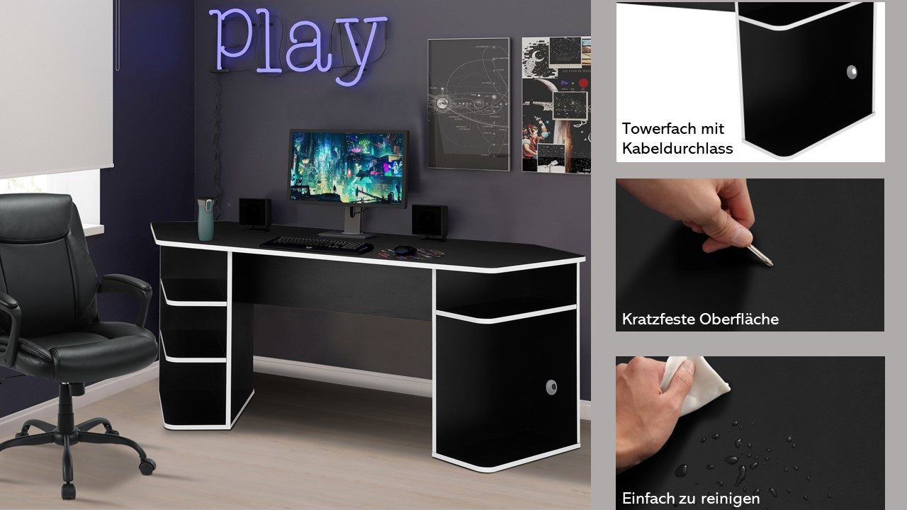 INOSIGN Gamingtafel Game, Computertisch, Hoekbureau , tower-vak, kabeldoorvoer, asymmetrisch ontwerp, breedte 180 cm