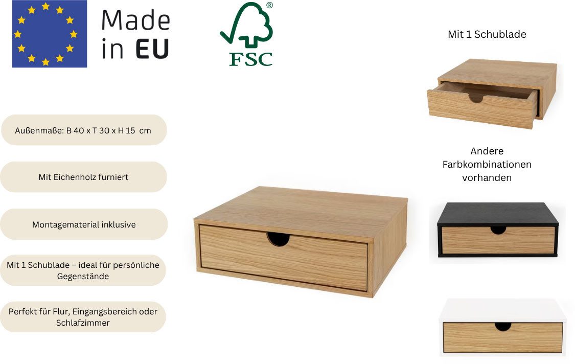 Woodman Nachtkastje Farsta, bijzettafel, opbergruimte met lade Houtfineer van eiken, breedte 40 cm, wandmontage