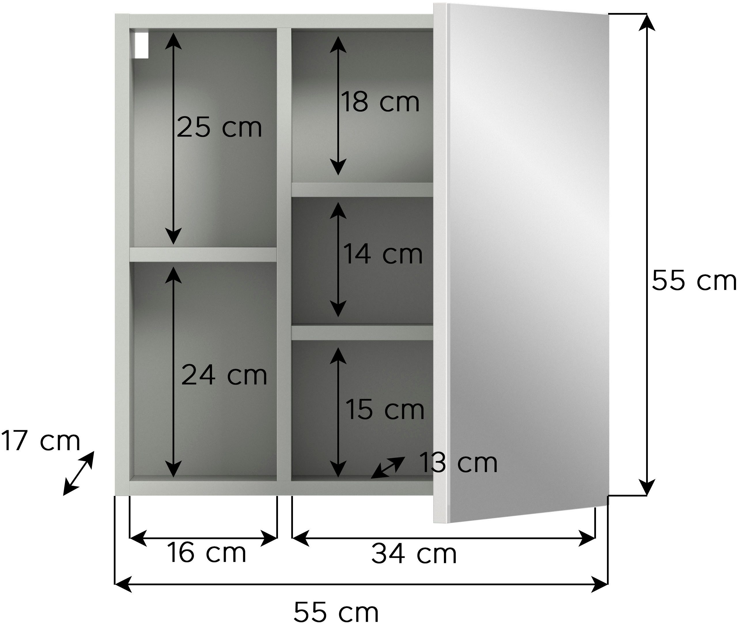 welltime Spiegelkast Calcio, breedte 55 cm, 1 spiegeldeur, 3 planken, 5 vakken