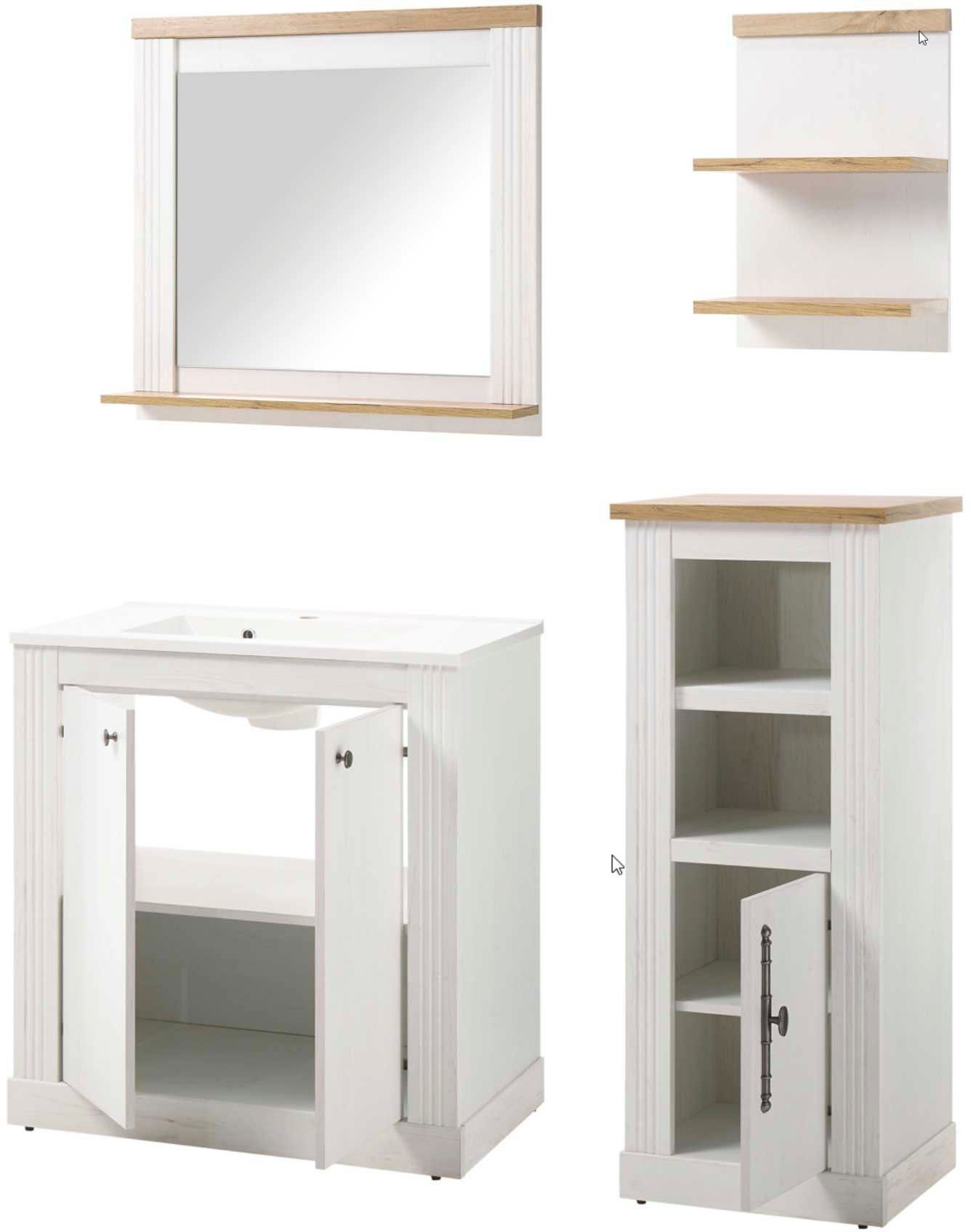 Home affaire Badkamerserie WESTMINSTER, badkamer in landhuisstijl, 2-delig badkamer Waschtafel, spiegel, midikast, plank, in 2 kleuren, breedte 150 cm (4-delig)