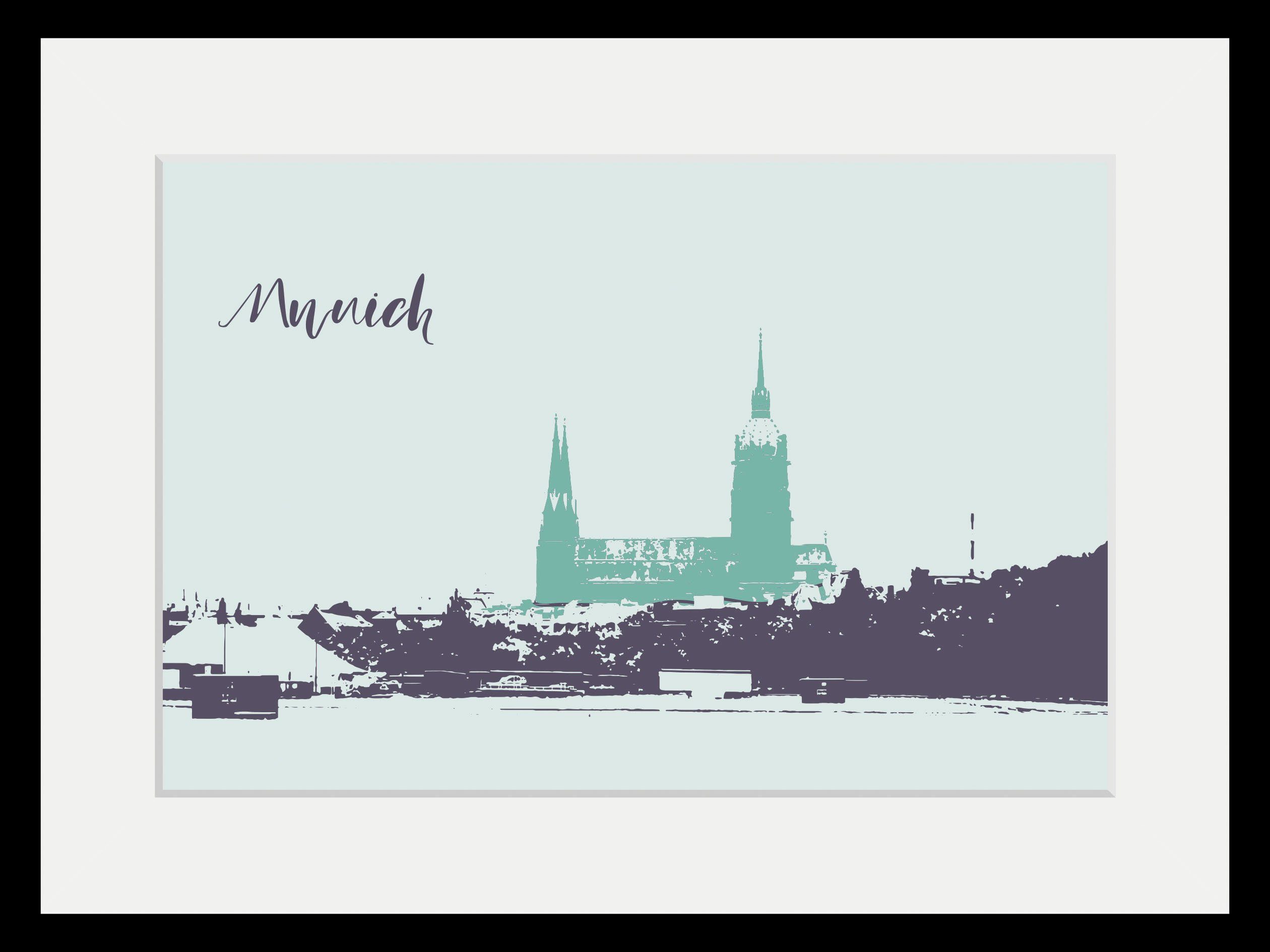 queence Wanddecoratie Munich tekening HD premium posterdruk incl. houten lijst (1 stuk)