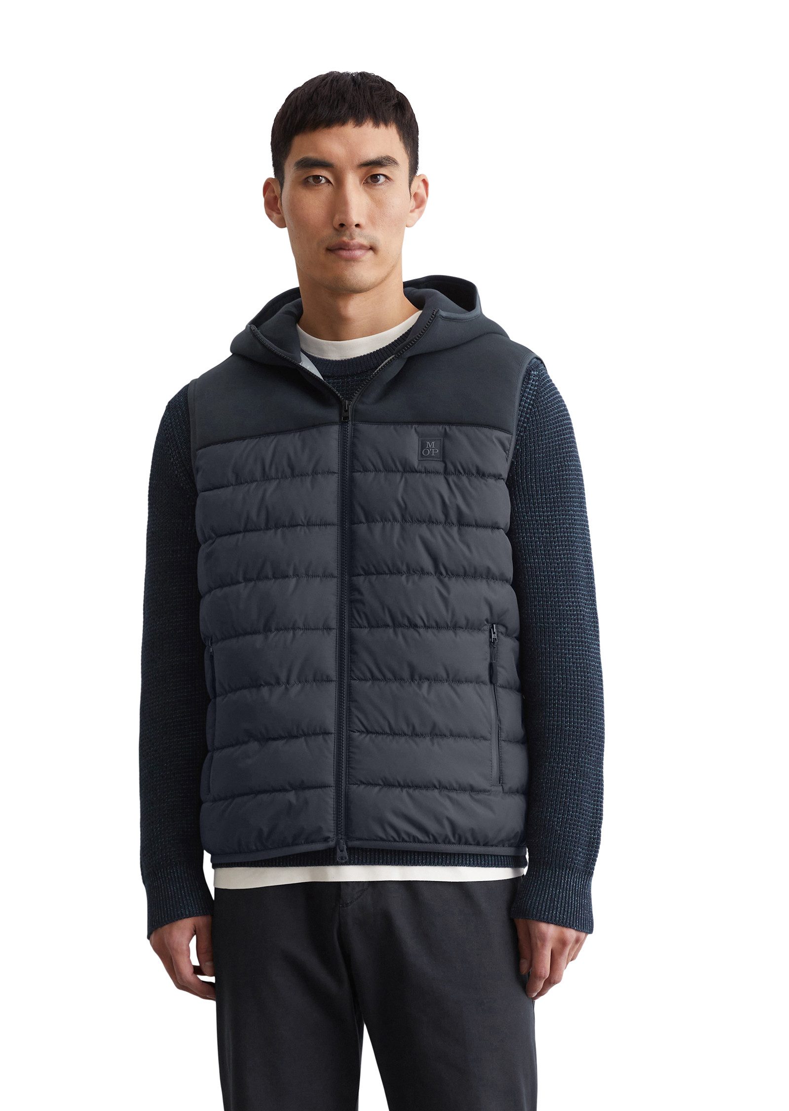Marc O'Polo Bodywarmer in schouder- en capuchongedeelte met sportieve scuba-stof heren bodywarmers maat S blauw
