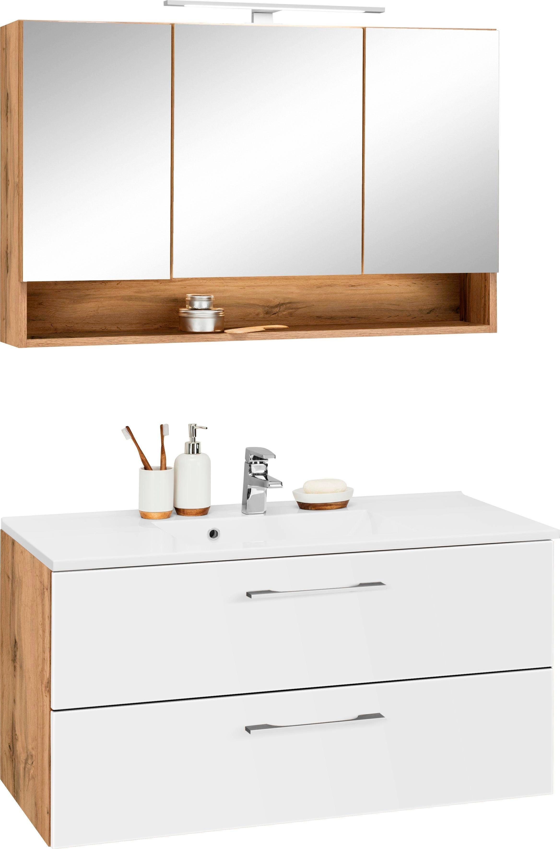 welltime Badkamerserie Soria Wastafelmeubel breedte 100 cm, spiegelkast (2-delig) badmeubelsets wit
