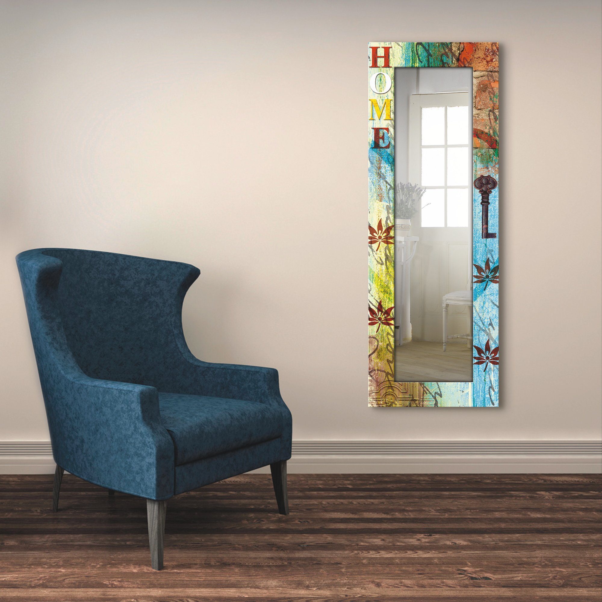 Artland Sierspiegel Kleurrijk huis ingelijste spiegel voor het hele lichaam met motiefrand, geschikt voor kleine, smalle hal, halspiegel, mirror spiegel omrand om op te hangen