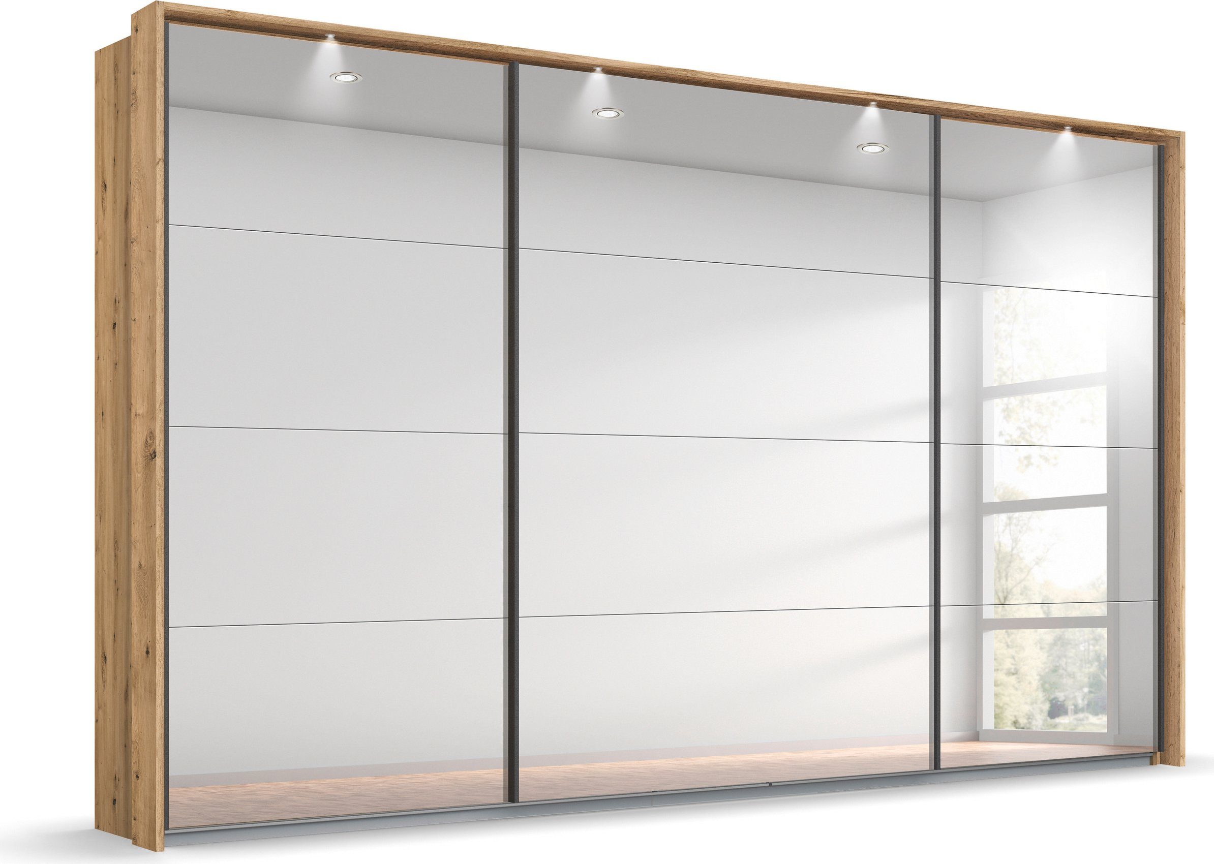 rauch Zweefdeurkast Kleiderschrank Schrank Garderobe OTELI inkl. 3 Innenschubladen met spiegelfront en passe-partout, optioneel met verlichting