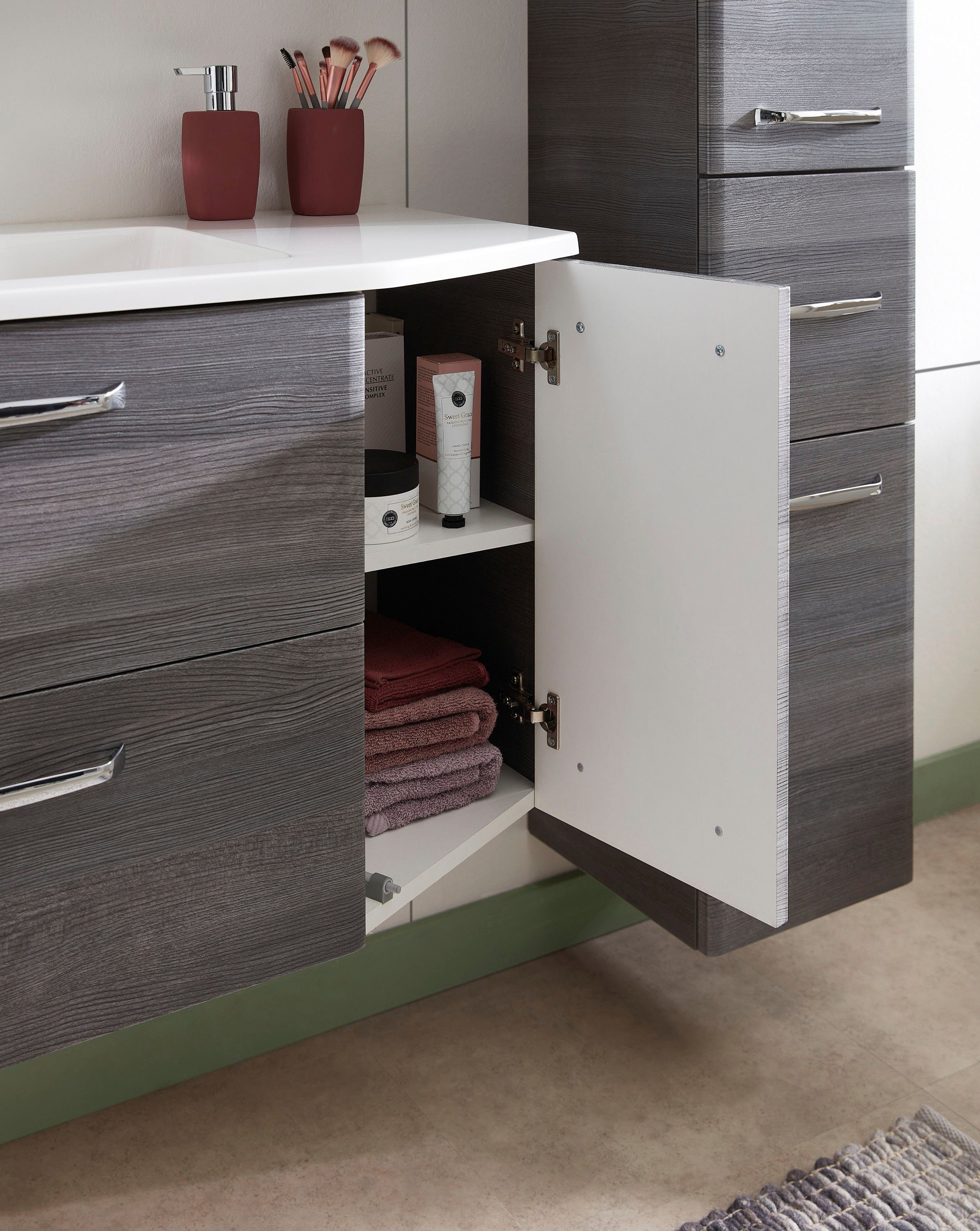 Saphir Wastafelonderkast Quickset wastafel, mineraalmarmer wastafel, 112 cm breed Onderkast met wasbak, inclusief deurdemper, grepen glanzend chroom