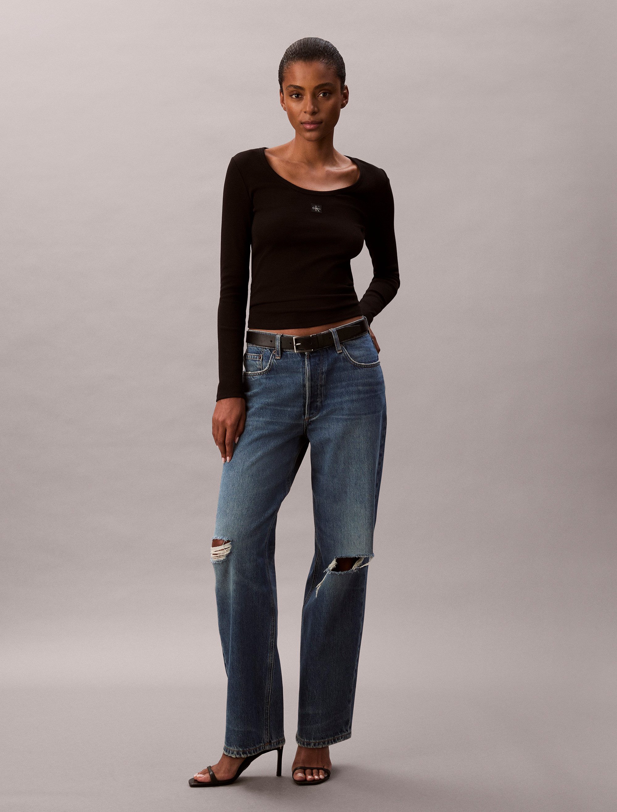 Calvin Klein Shirt met lange mouwen LS WOVEN LABEL 2X2 RIB SCOOP NEC