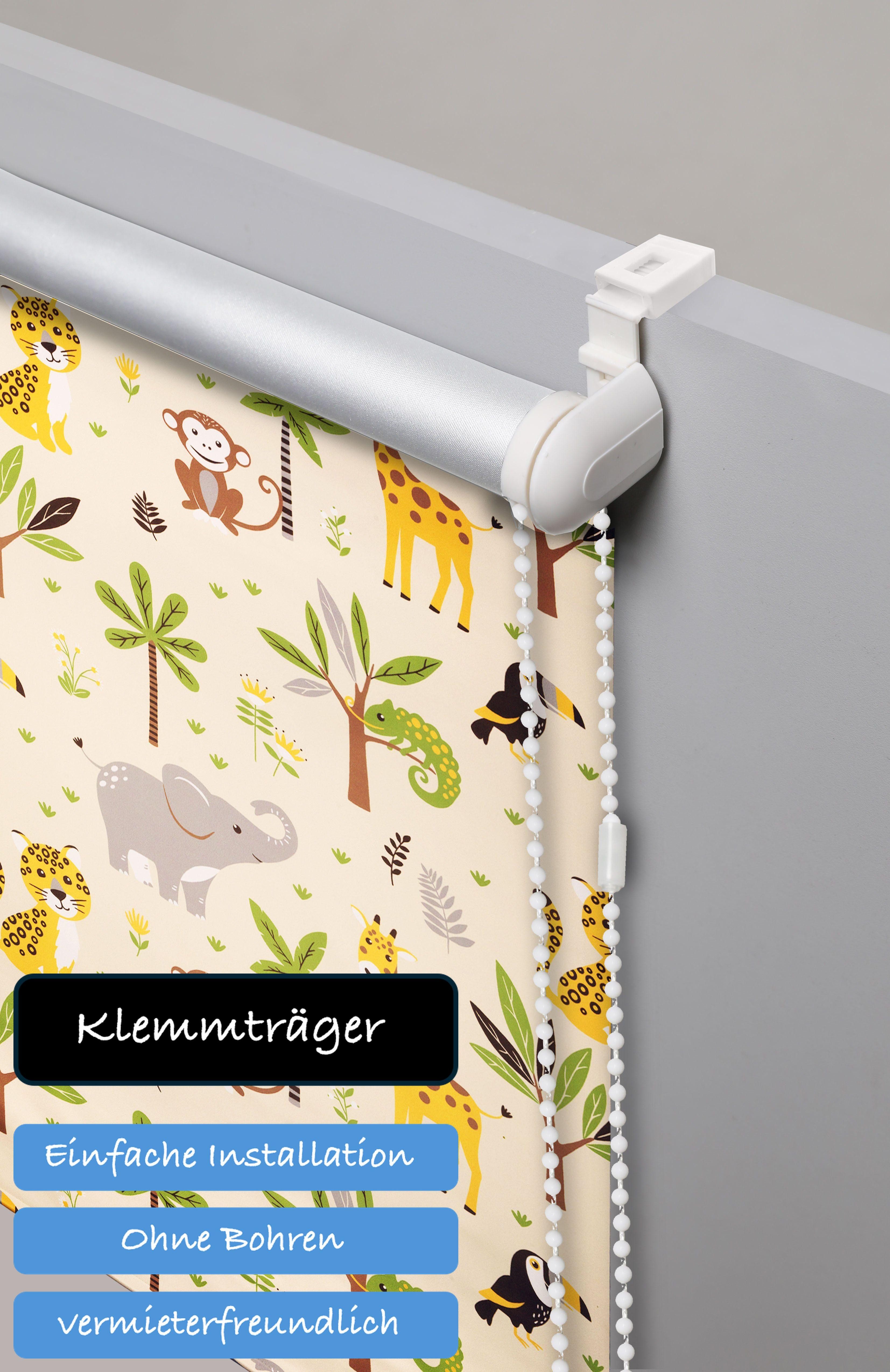 Lüttenhütt Rolgordijn Jungle Klemmfix, vaste maat, dieren, kinderrolgordijn, enkelzijdig bedrukt (1 stuk)