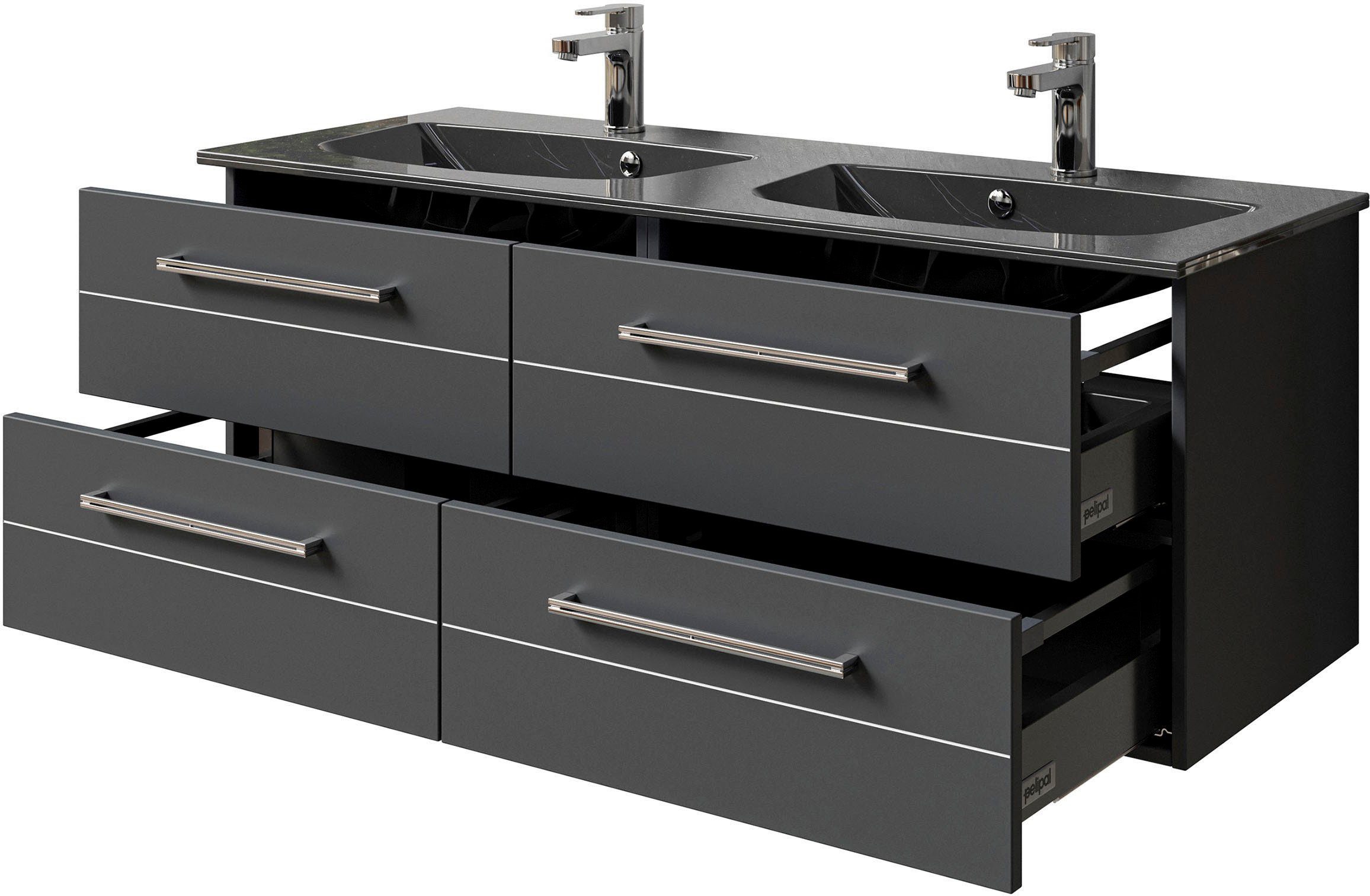 Saphir Wastafelonderkast Serie 6025 mineraalmarmeren wastafel met onderkast, 132 cm breed Dubbele wastafel met 4 lades, hangend, verschillende uitvoeringen (2-delig)