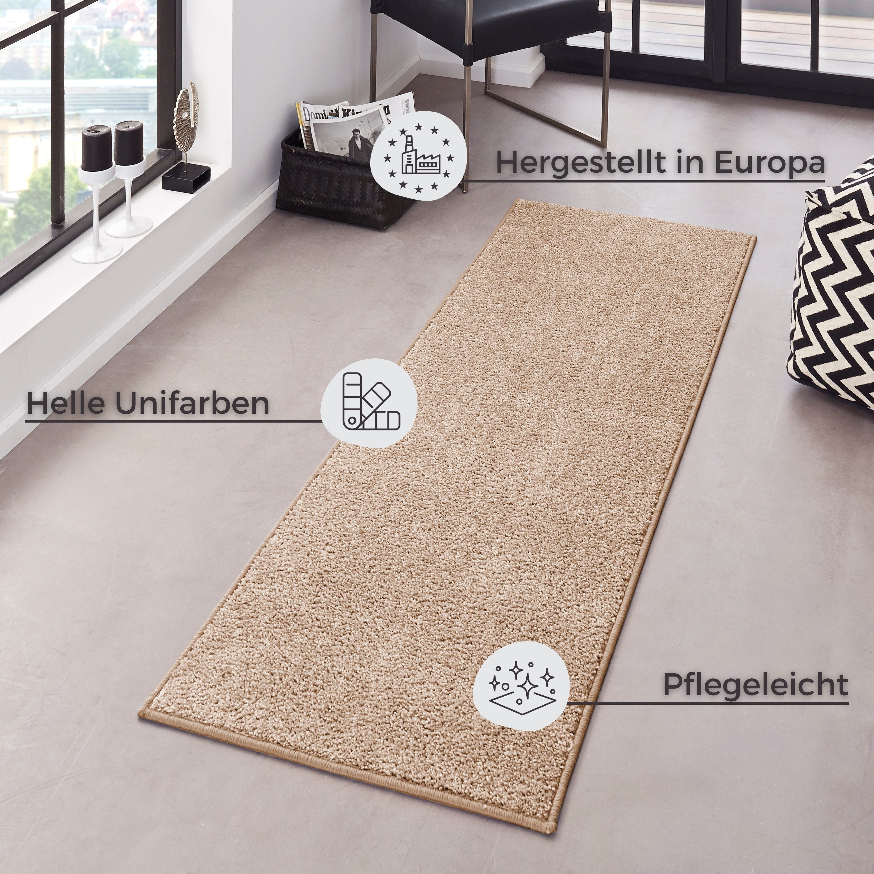 HANSE Home Vloerkleed Pure 100 korte pool Kortpolig, effen, omgezoomd, loper, woonkamer, kinderkamer, gang