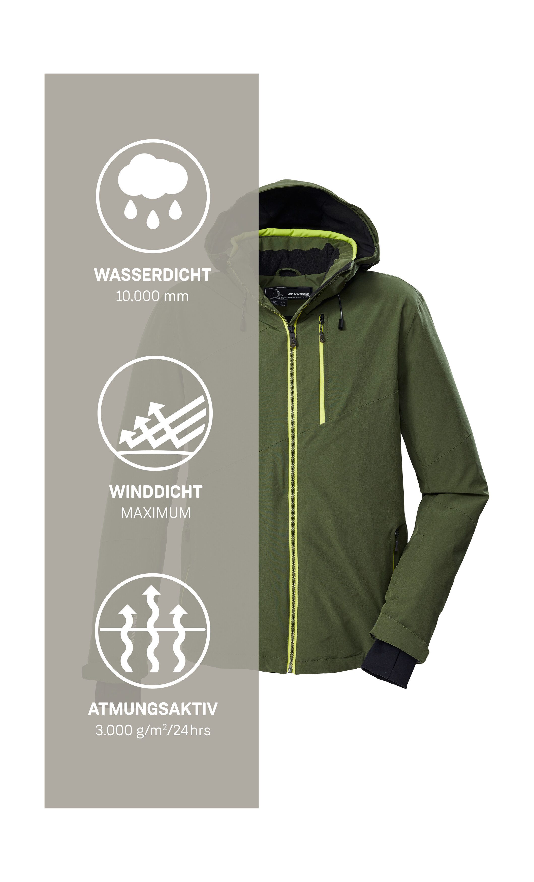 Killtec Ski-jack KSW 24 MN SKI JCKT Ademende, water- u. winddichte functionele jas, afneembare capuchon