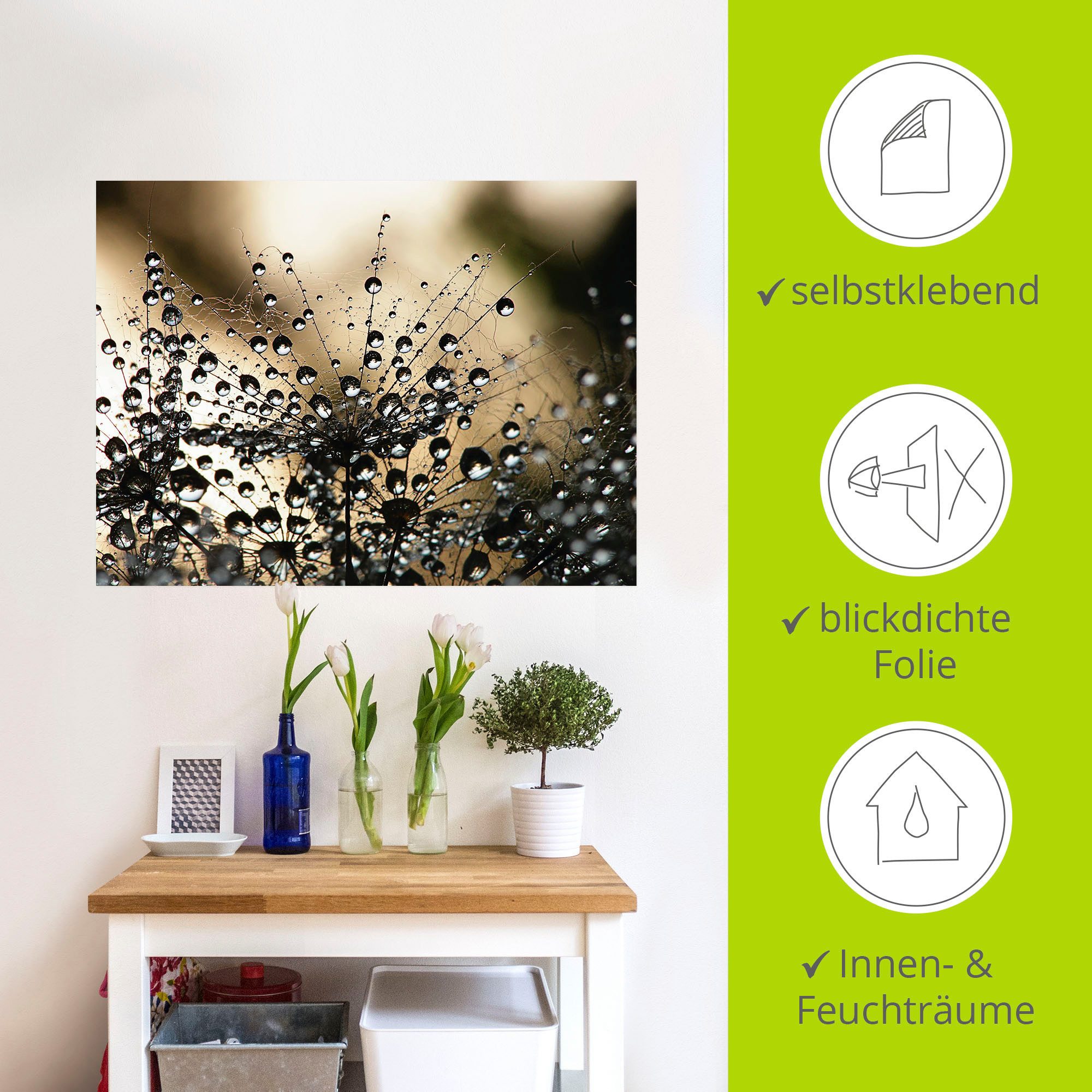 Artland Artprint Natte paardenbloem als artprint van aluminium, artprint voor buiten, artprint op linnen, poster, muursticker