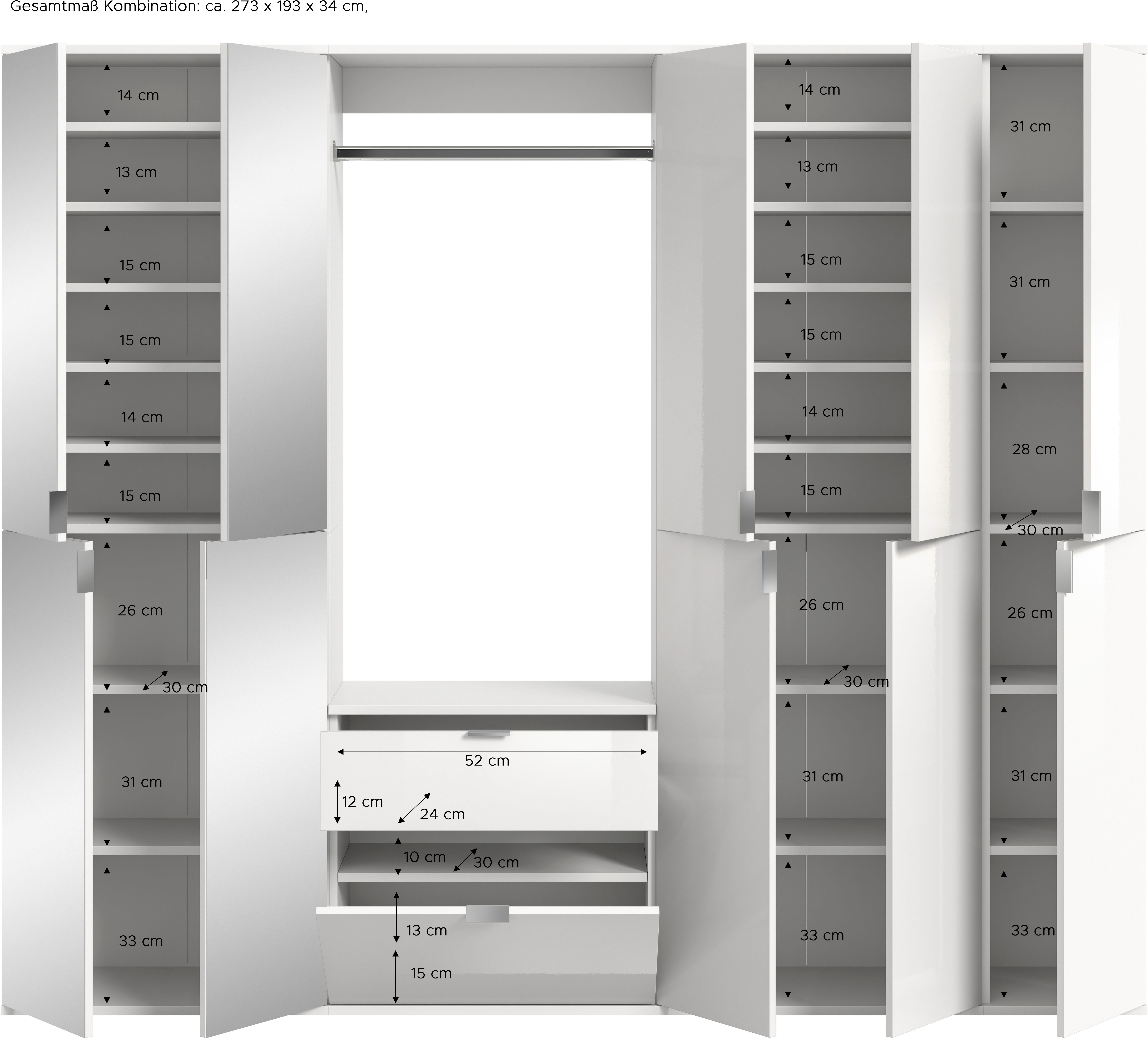 INOSIGN Halmeubelset Trondheim, Breedte 213 cm, 6-delig, bestaande uit: 3x garderobekast, 1 commode, 1 kledingstang, 1 legplank (set, 5-delig)