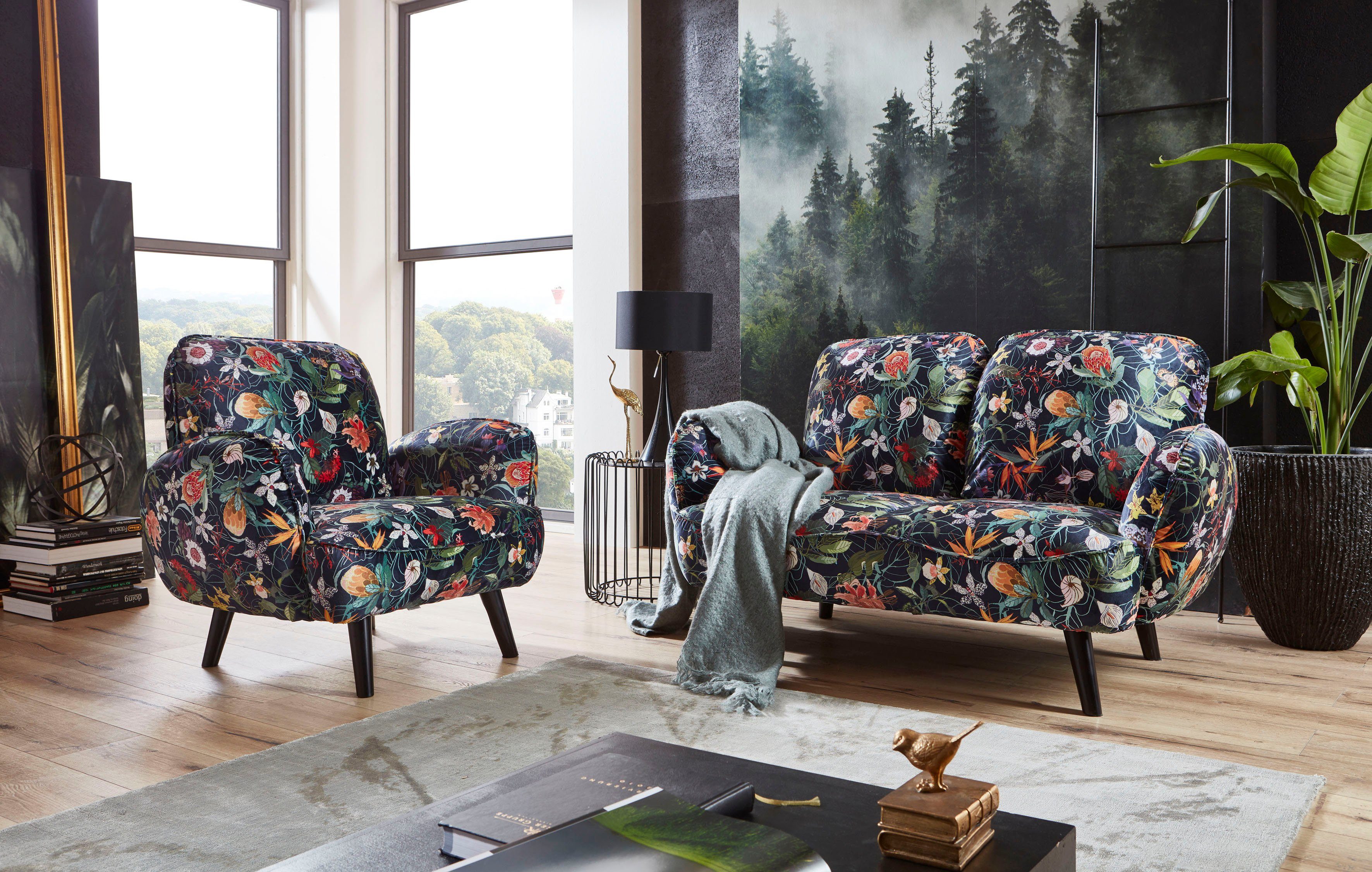 ATLANTIC home collection Fauteuil Ben met golfvering, massief houten poten, vrij plaatsbaar