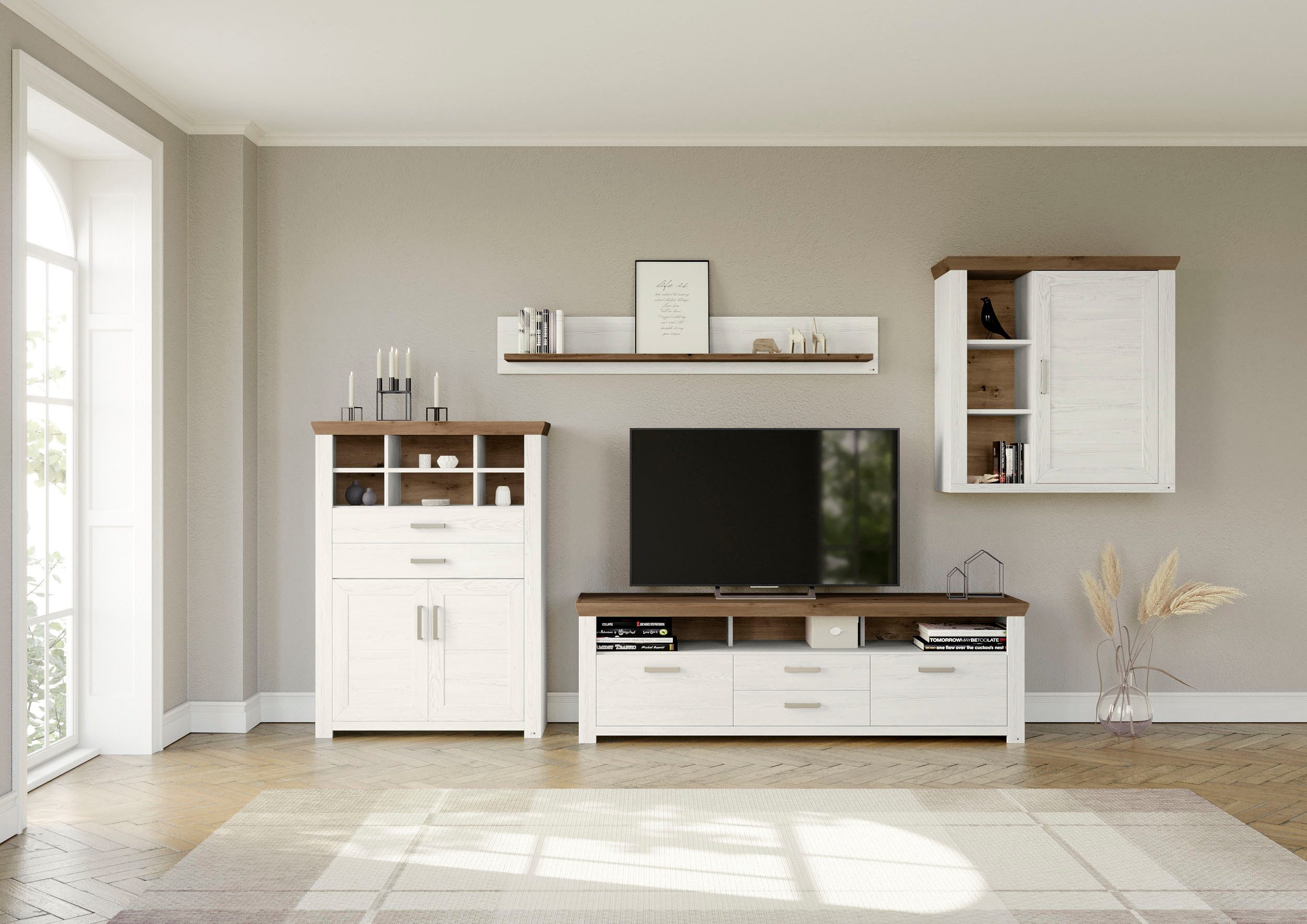 set one by Musterring Wandmeubel York Combinatie 01, in 3 kleurvarianten, totale breedte 374 cm (set, 4-delig) tv-wandmeubels wit