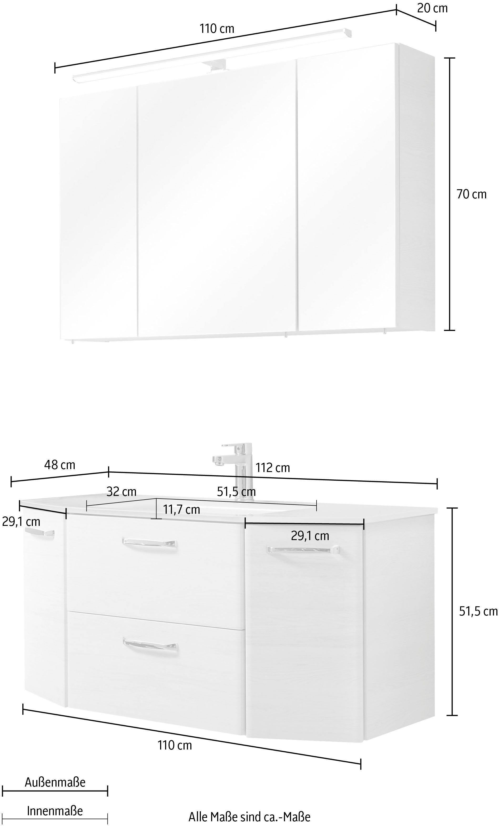 Saphir Badkamerserie Quickset 2-delig, glazen wastafel met LED-spiegelkast, 5 deuren Onderkast met wasbak, inclusief deurdemper, grepen glanzend chroom (set, 2-delig)