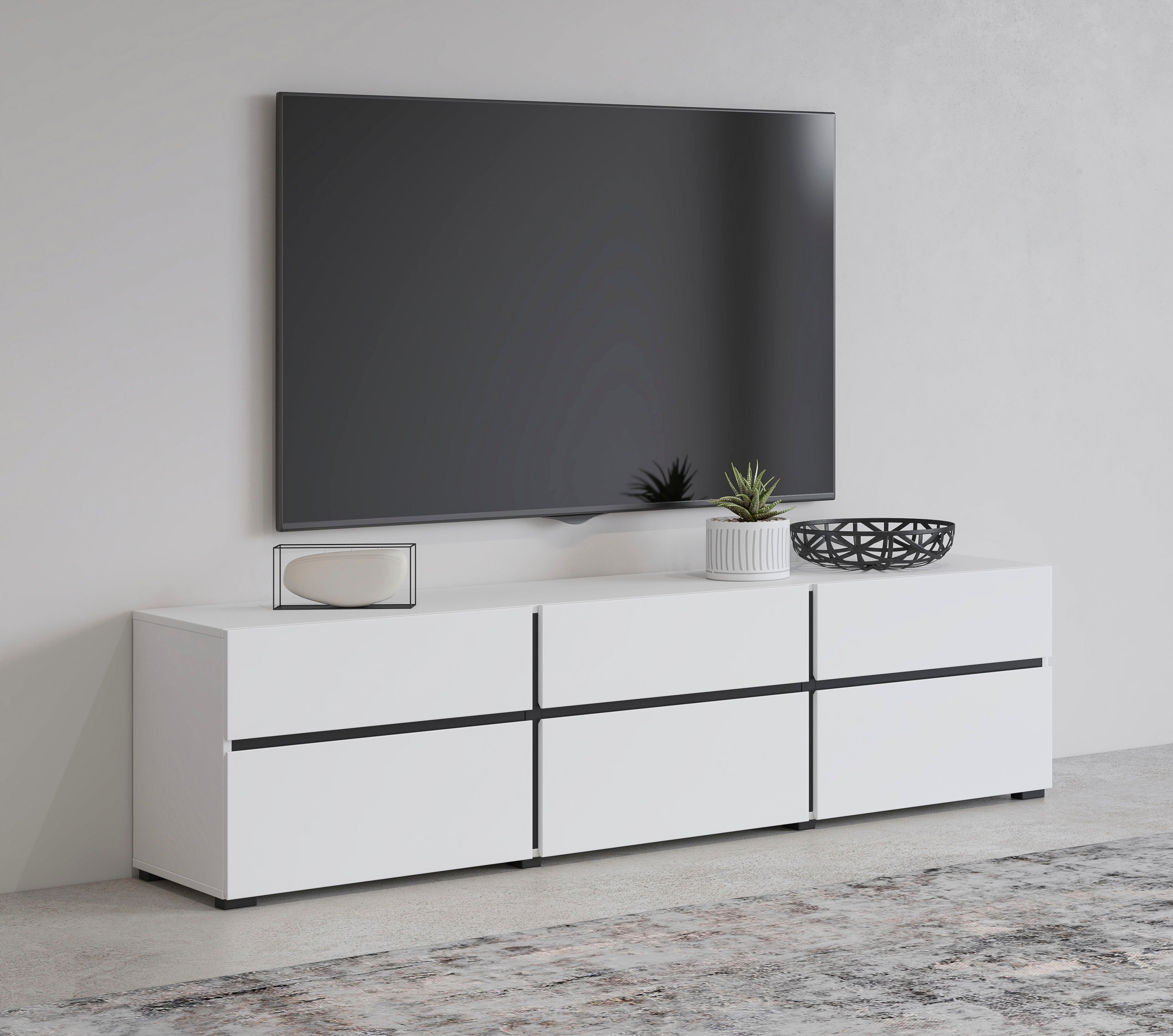 inosign tv-meubel cross, moderne grifflose tv-kommode,3 klappen-3 schubkaesten wit