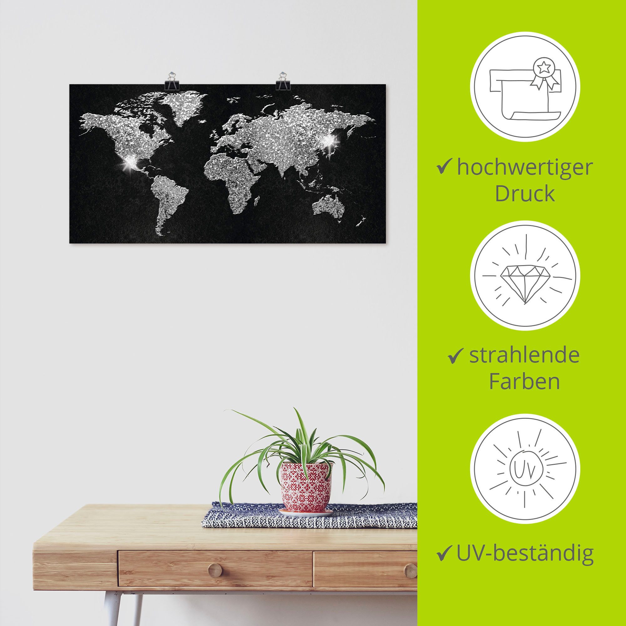Artland Artprint Wereldkaart glitter als artprint van aluminium, artprint voor buiten, artprint op linnen, poster, muursticker