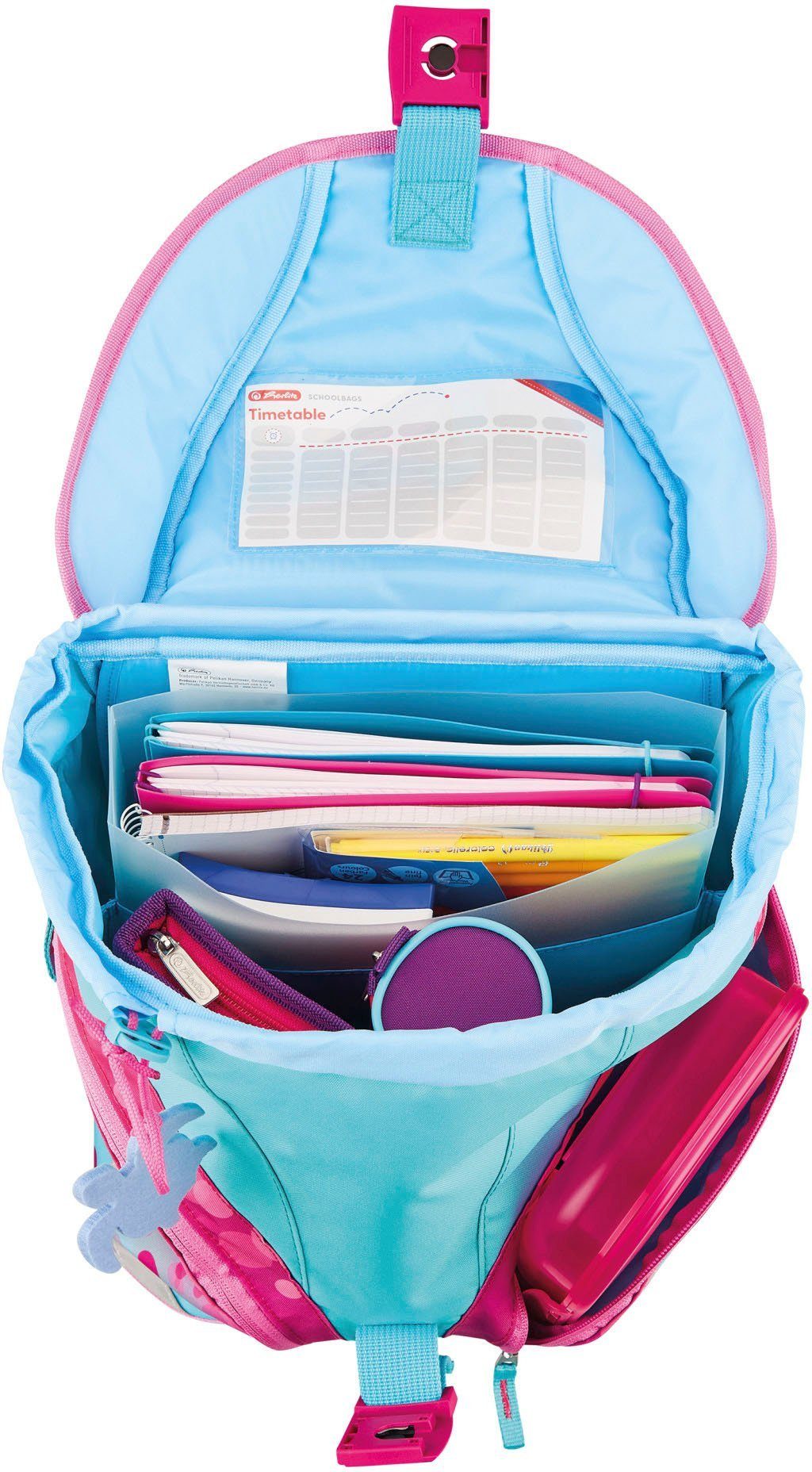 Herlitz Schoolrugzak SoftLight Plus GREENline, Pink Bubbles met afneembare applicatie en vilten hanger (set, 7-delig)