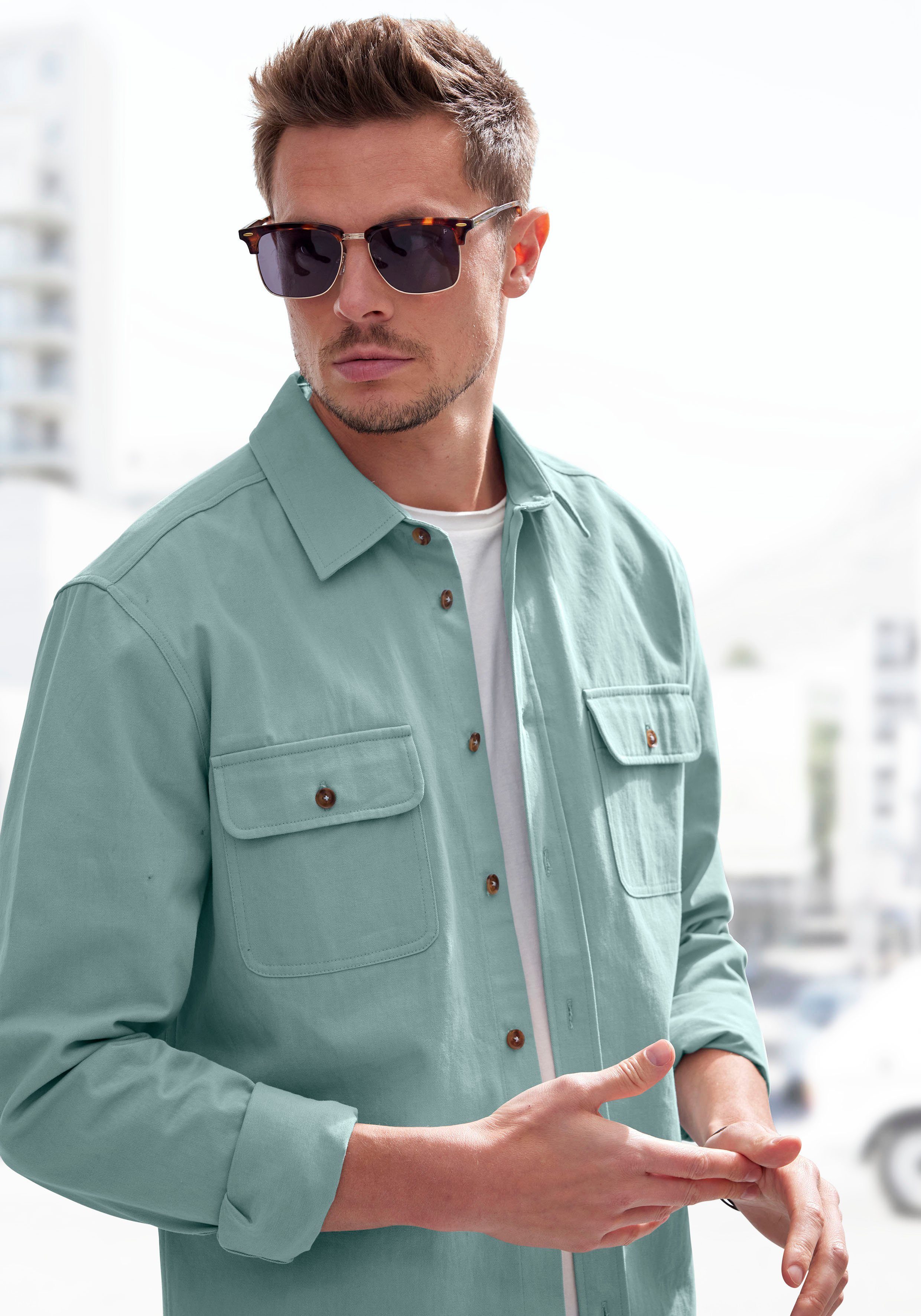 John Devin Overhemd met lange mouwen Coole overshirt Overshirt van puur katoen, met opgestikte zakken