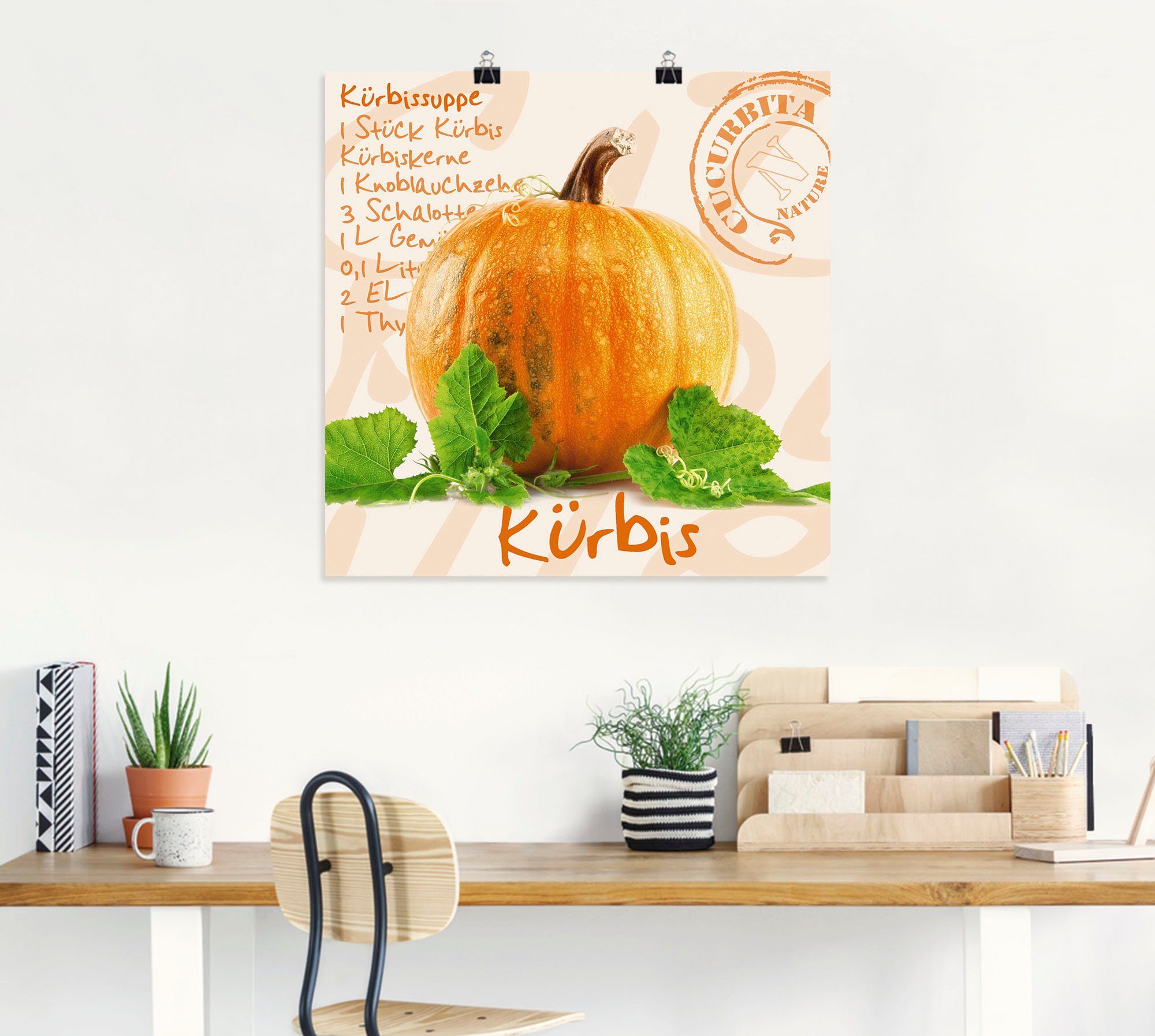 Artland Artprint Gele pompoen met groene bladeren als poster, muursticker in verschillende maten