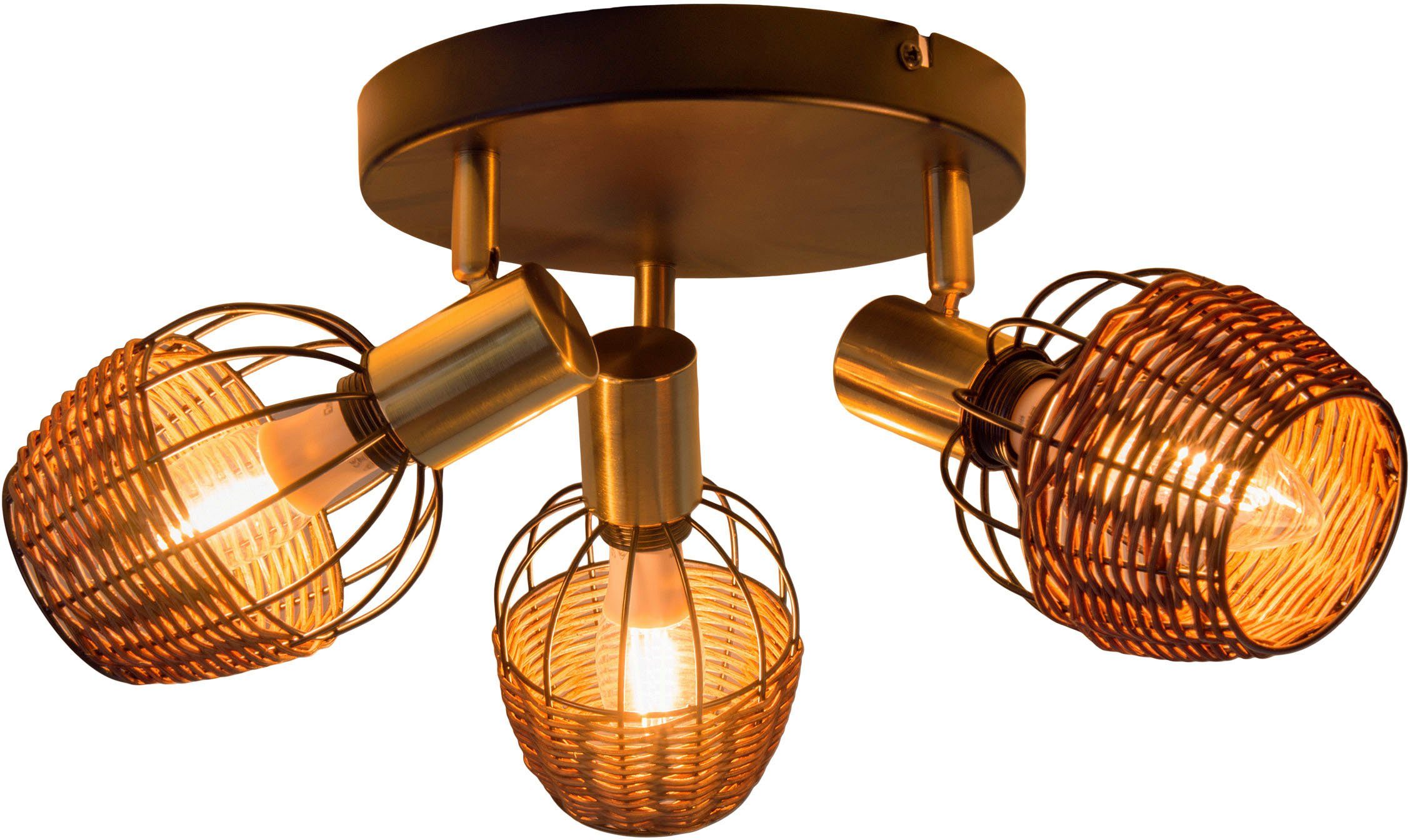 näve Plafondspotje Corbis 3 spots excl. e14 max. 40w zwart/natuur/goud d: 38 cm met rattan (1 stuk)