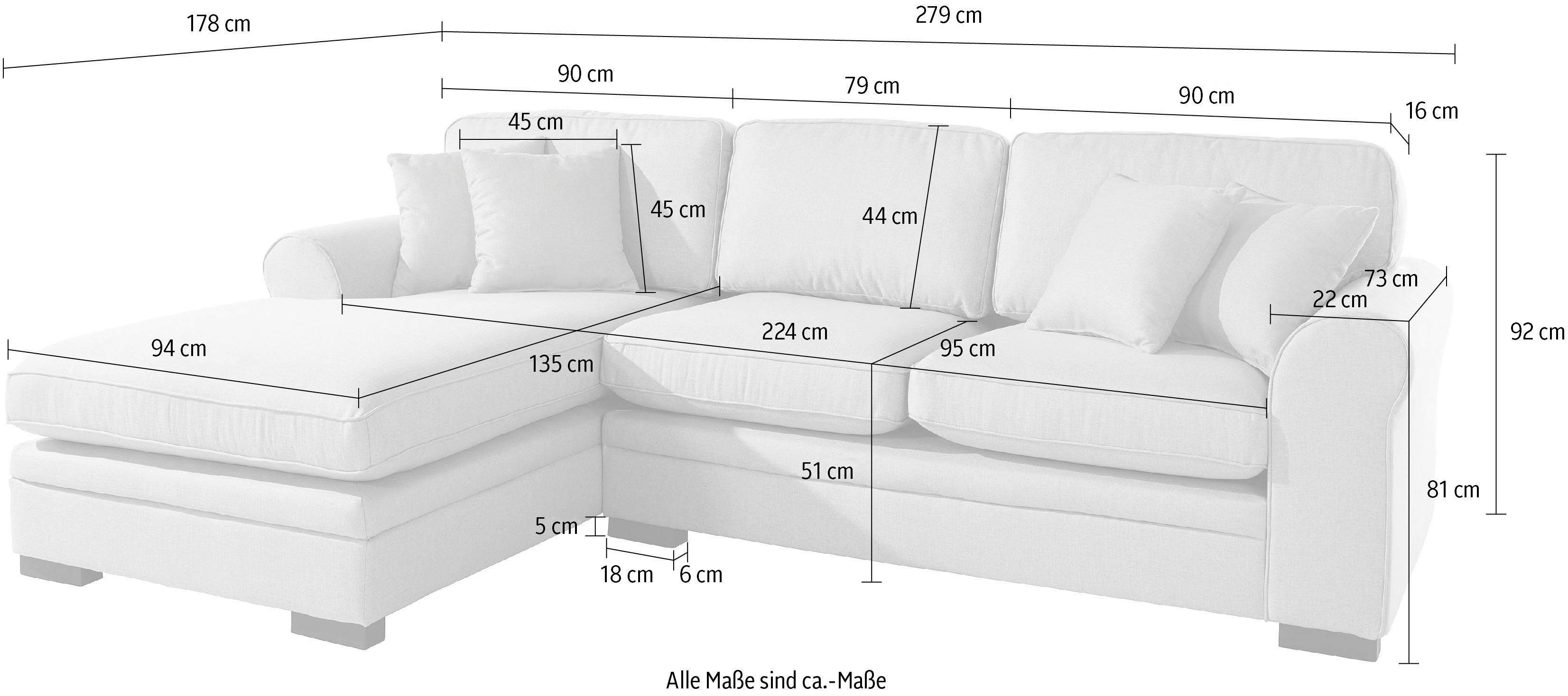 Home affaire Hoekbank Broughton L-vorm zacht zitcomfort, incl. 4 sierkussens, opstaande naad