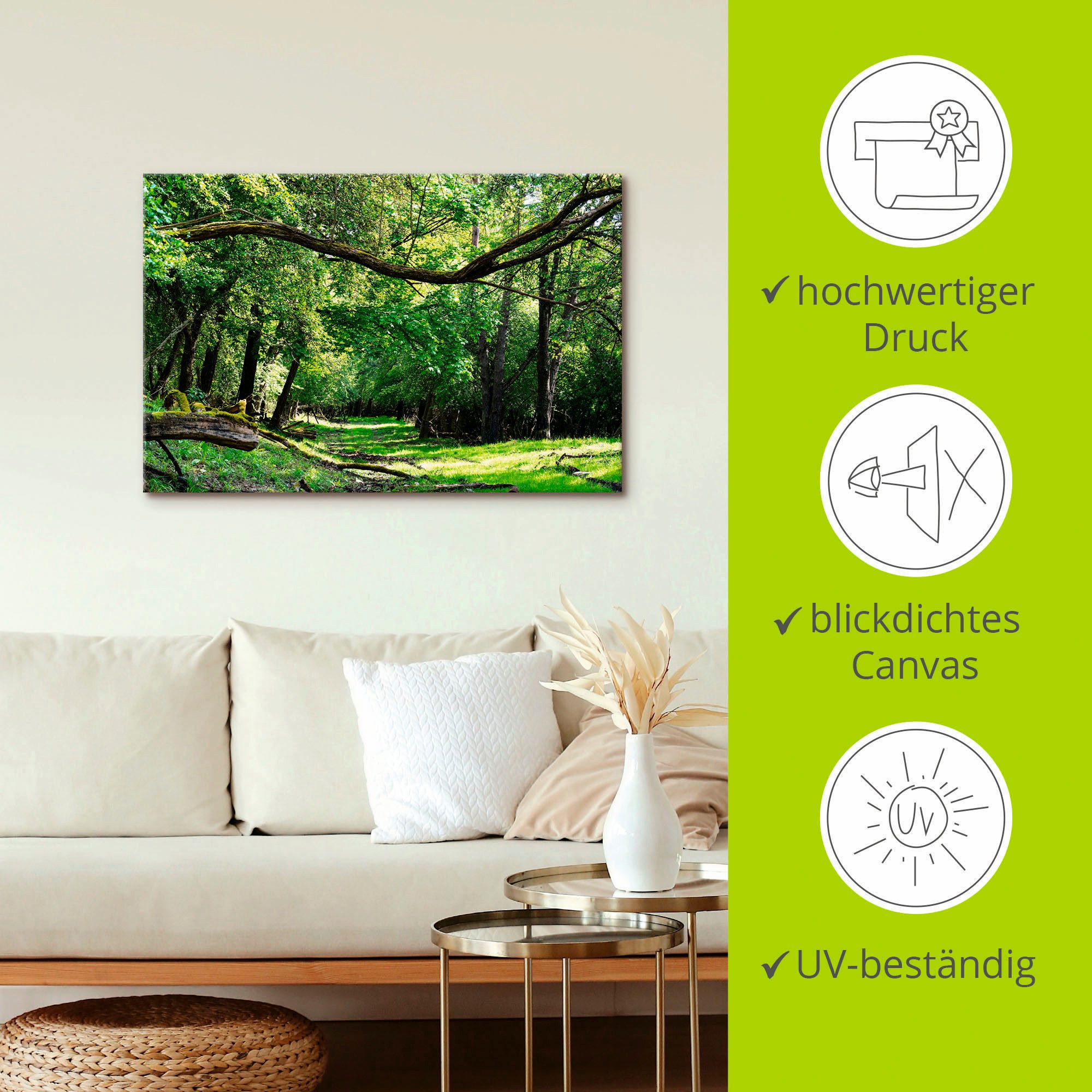 Artland Artprint Op de groene weg door het groene bos als artprint van aluminium, artprint voor buiten, artprint op linnen, poster in verschillende maten. maten