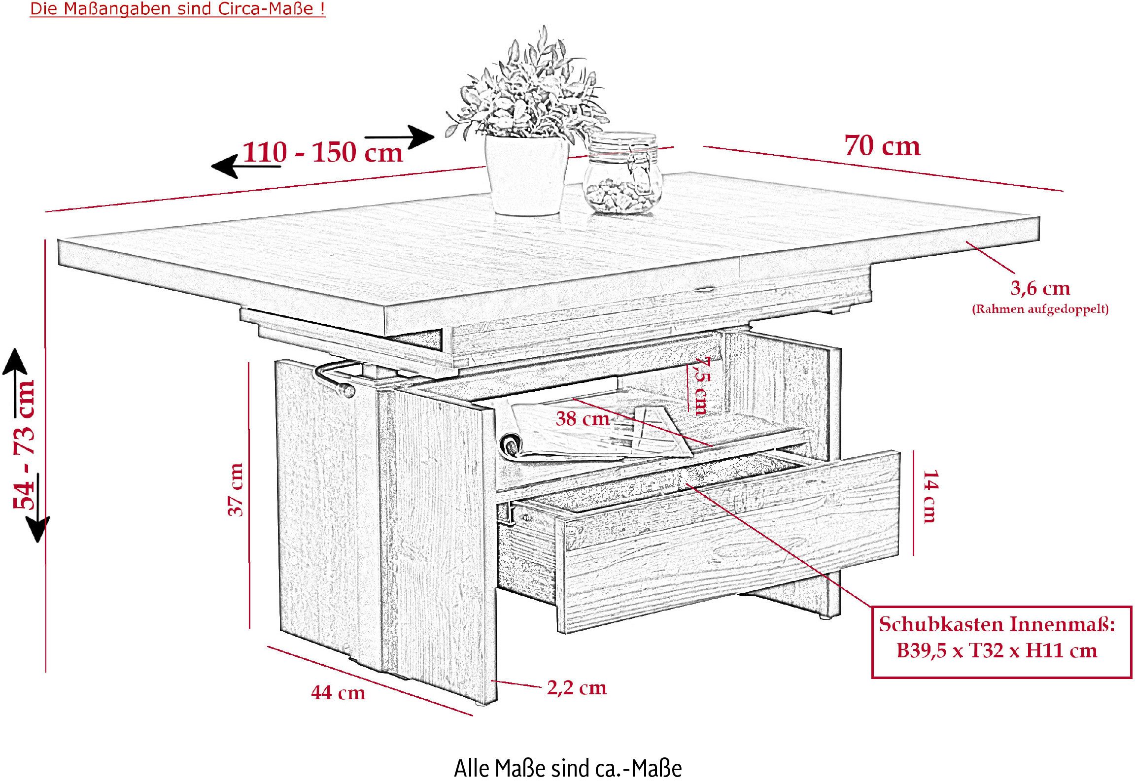 HELA Salontafel Noah uittrekbaar en in hoogte verstelbaar, met lade, vintage-look