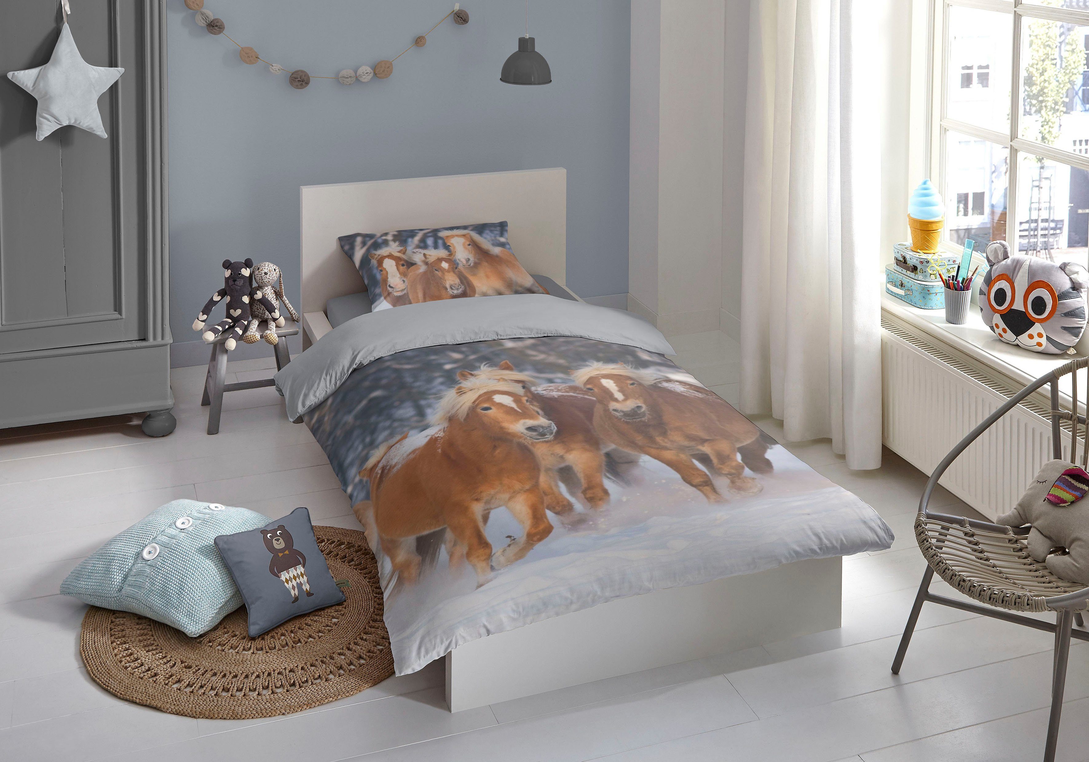 good morning Kinderovertrekset Happy Horses Biber, 135x200, Zacht, Warm, Rits, Omkeerbaar, Kind, Paard (2-delig) dekbedovertrekken maat 1x 135x200 cm