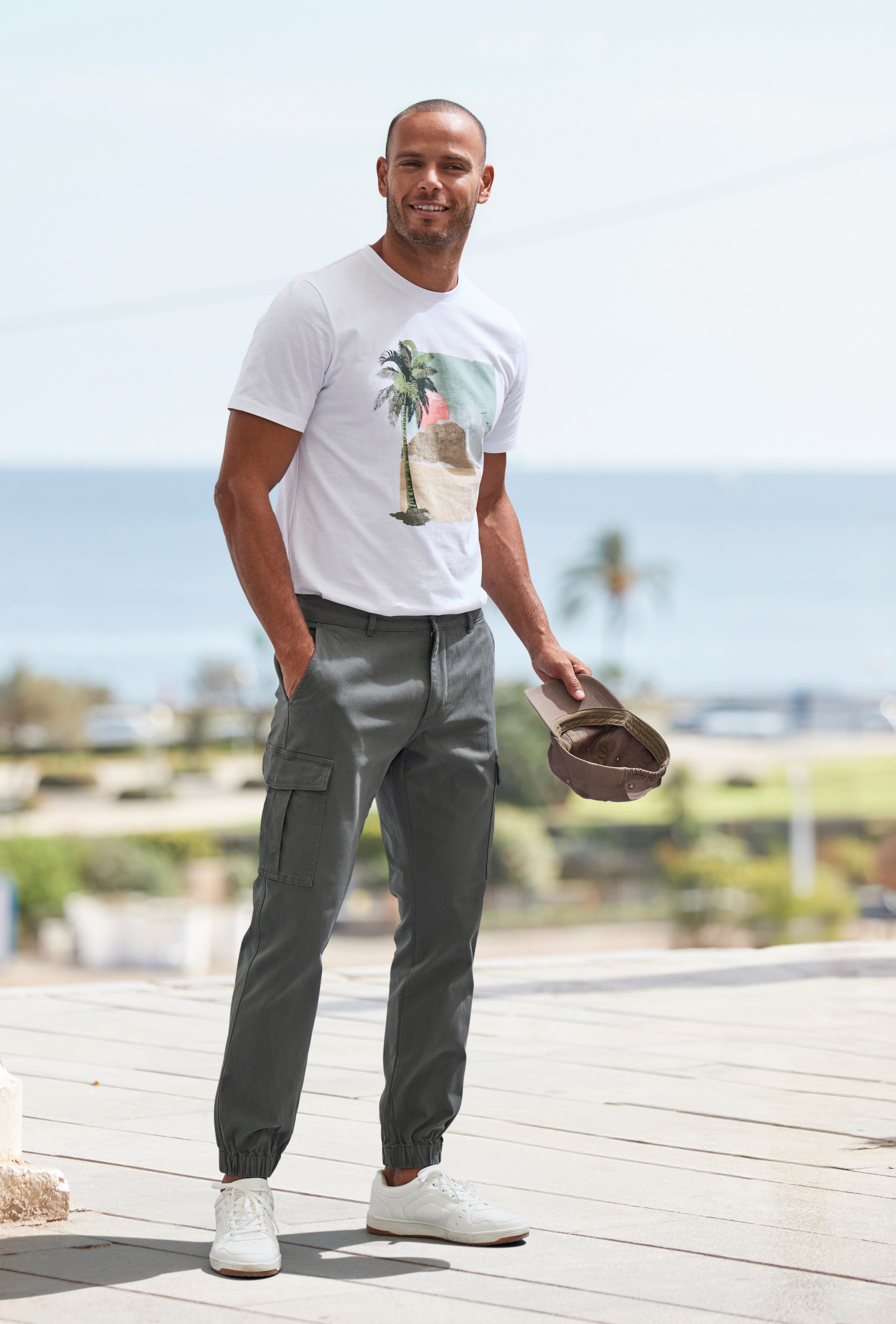 Beachtime T-shirt Vrijetijdsshirt met ronde hals en frontprint van 100% katoen (set, 2-delig)