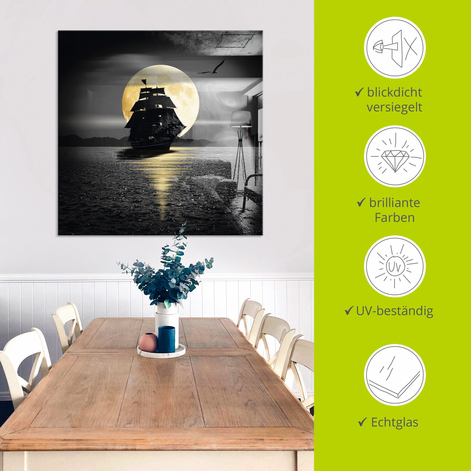 Artland Print op glas Een boot met zwarte zeilen