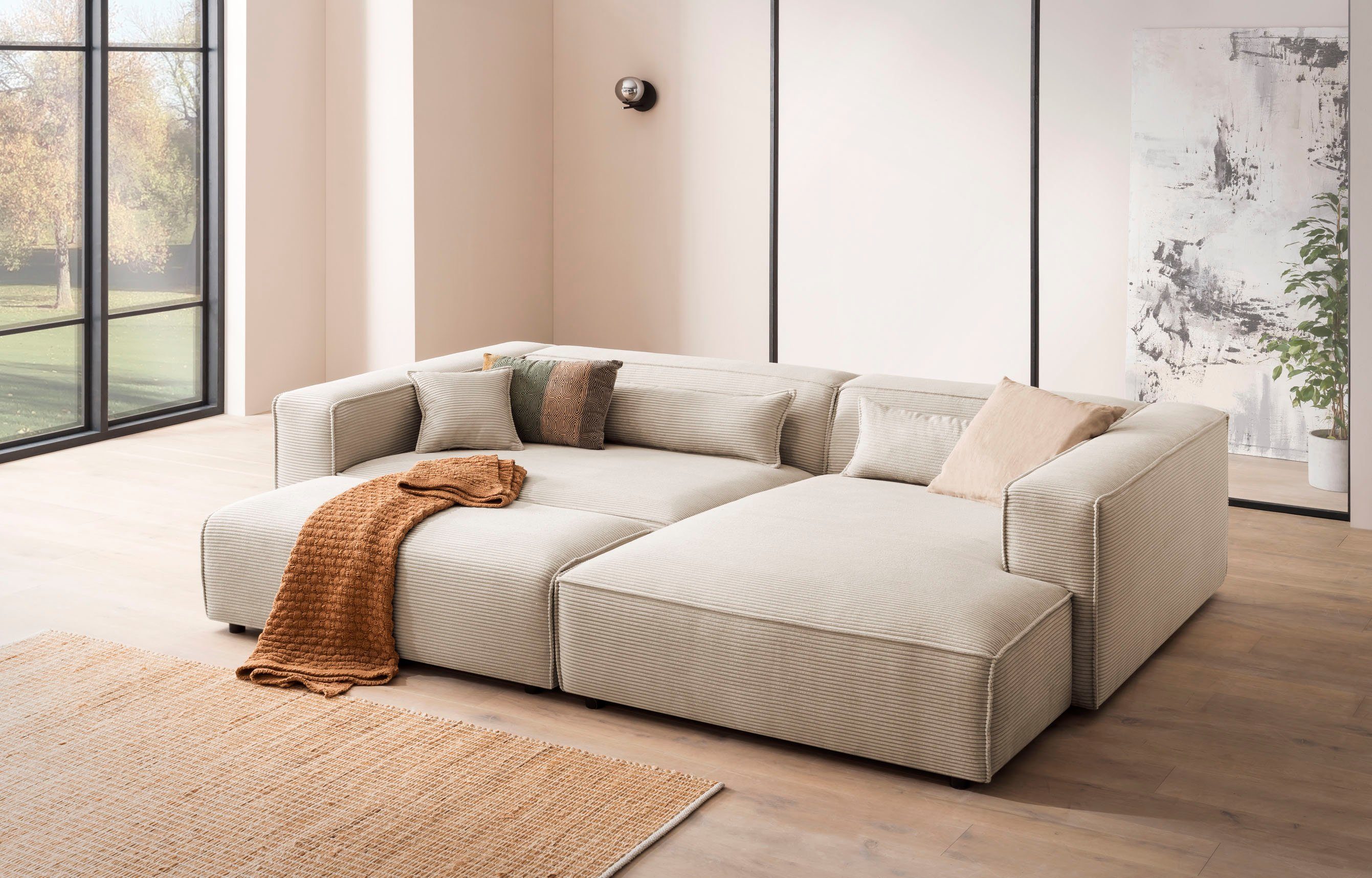 LeGer Home by Lena Gercke Hoekbank PIARA XXL, L-vorm met slaapfunctie, Big-sofa in cord of linnenlook Hocker verstelbaar tot slaapbank (krokodillenverbinder), diepe zitting