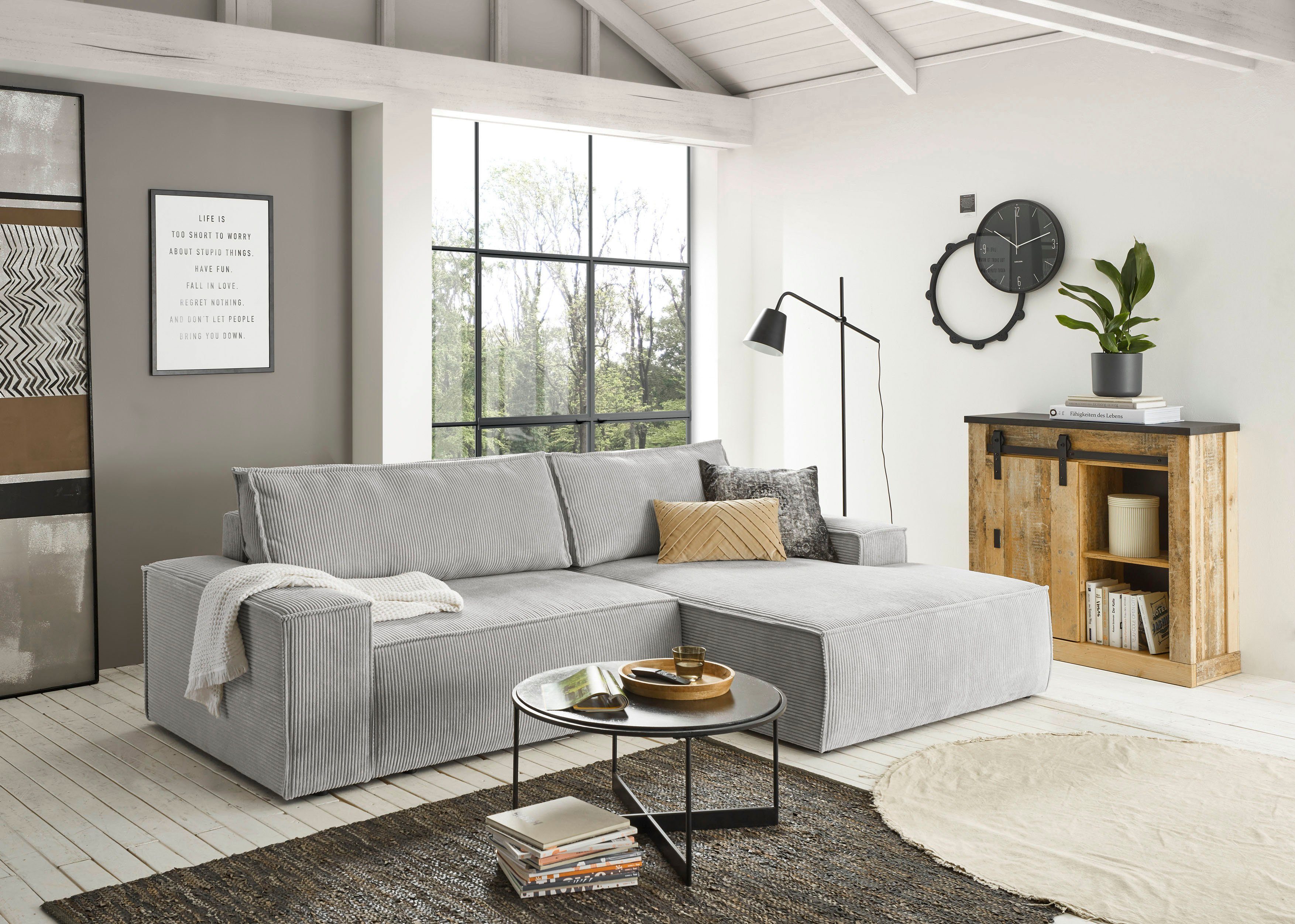 Home affaire Hoekbank SHERWOOD bedbank 267 cm, L-model, Slaapfunctie met bedlade (210x136 cm), cord, vintage, fluweel