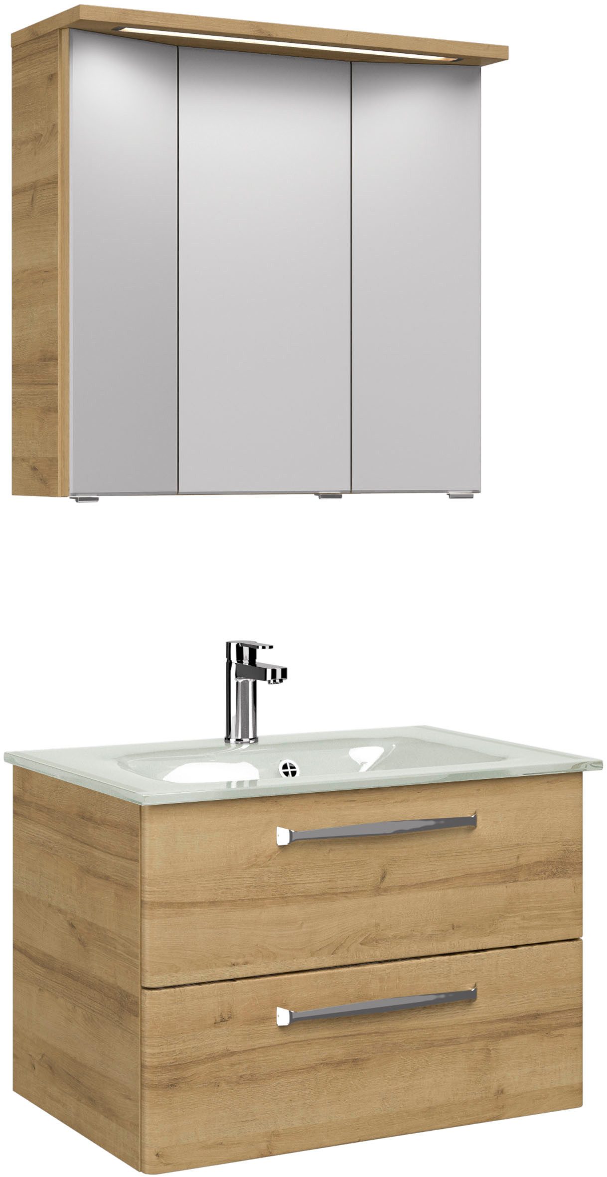 Saphir Badmeubelset Trentino 2-delig glazen wastafel met LED-spiegelkast Badkamermeubel-set 77cm breed, incl. deurdemper, 3 deuren, 2 lades (3 stuks)