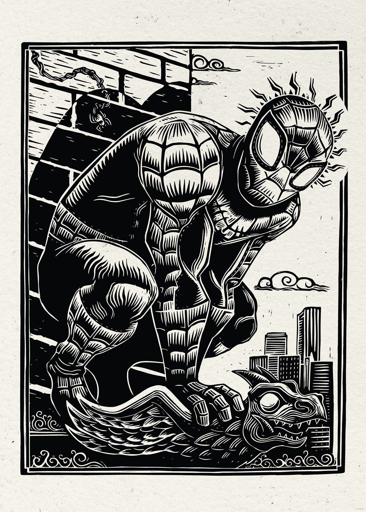 Komar Artprint Marvel Spider-Man Lino-Cut 50 x 70 cm (breedte x hoogte) - kinderkamer, wandsticker (1 stuk)