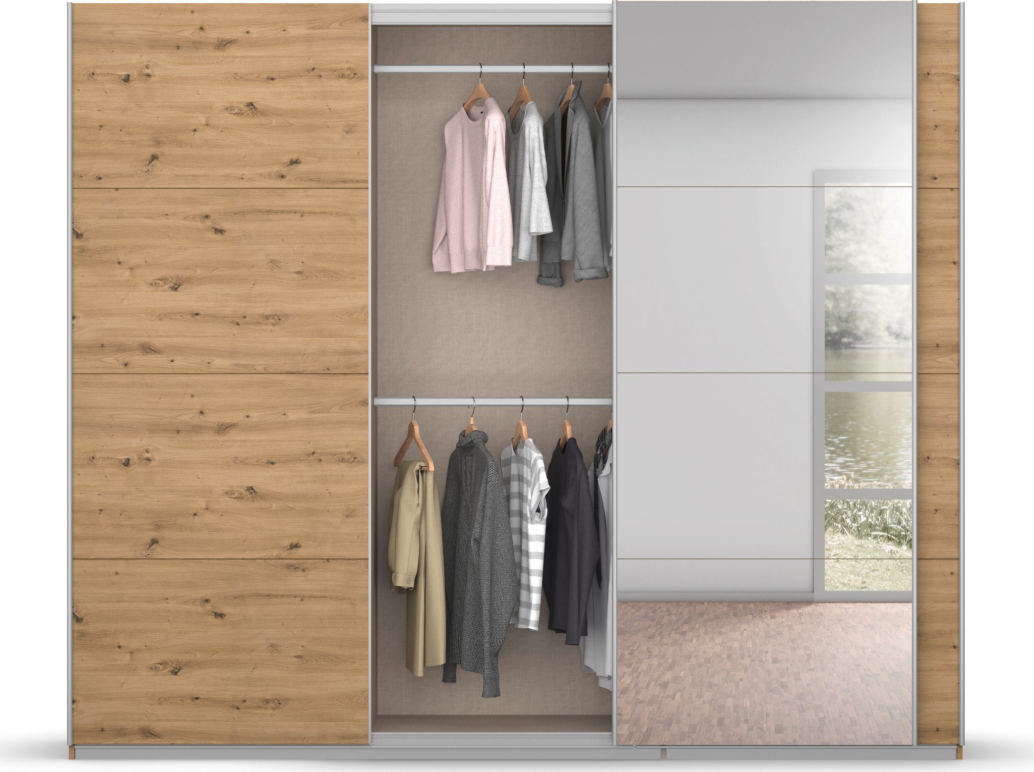 rauch Zweefdeurkast Kledingkast kast garderobe BESTSELLER KOLUNA met spiegel inclusief 2 binnenladen en extra legplanken made in germany