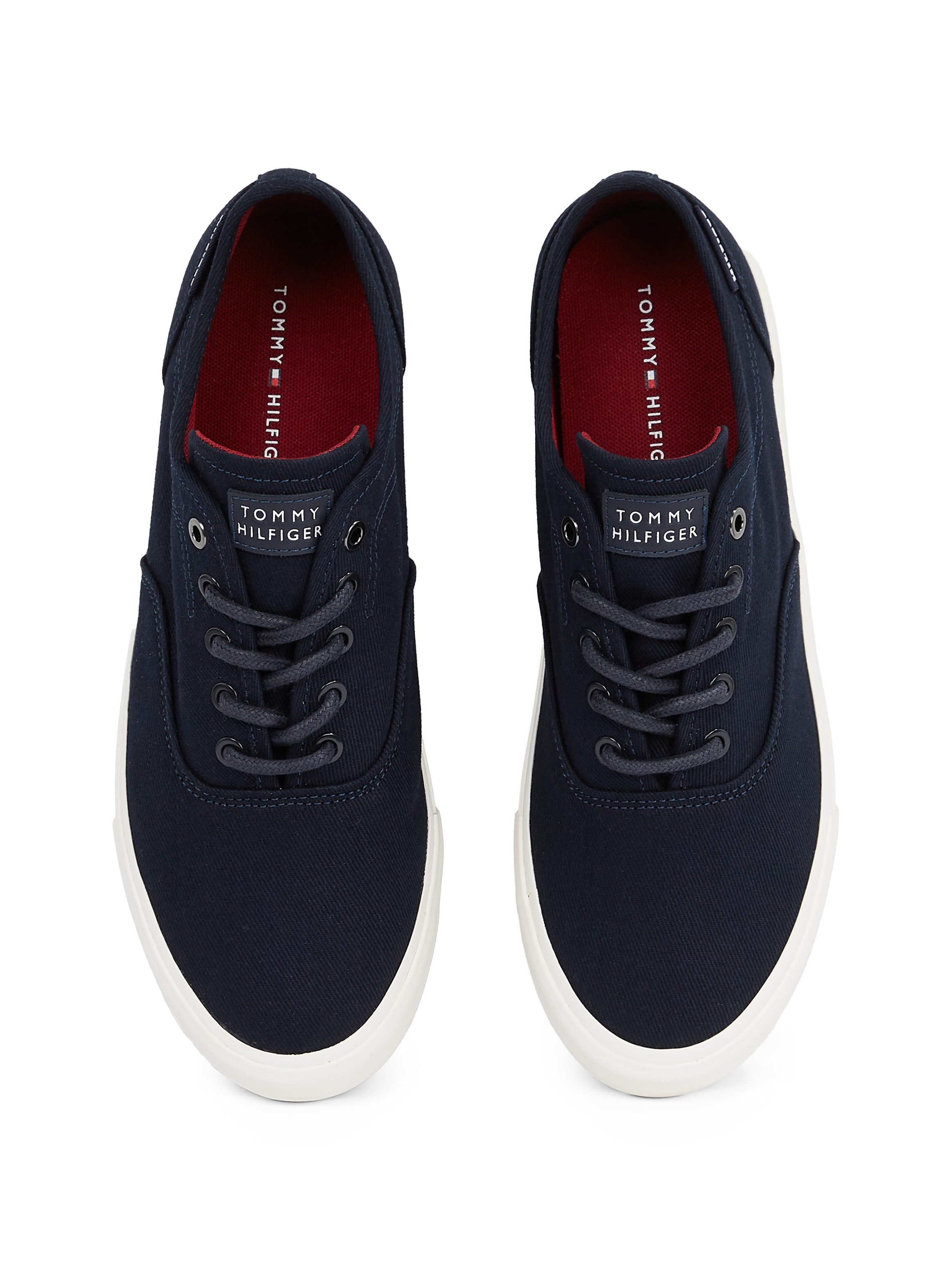 Tommy Hilfiger Plateausneakers TH HI VULC LOW OXFORD TWILL , vrijetijdsschoen, lage schoen, veterschoen met label op de hiel