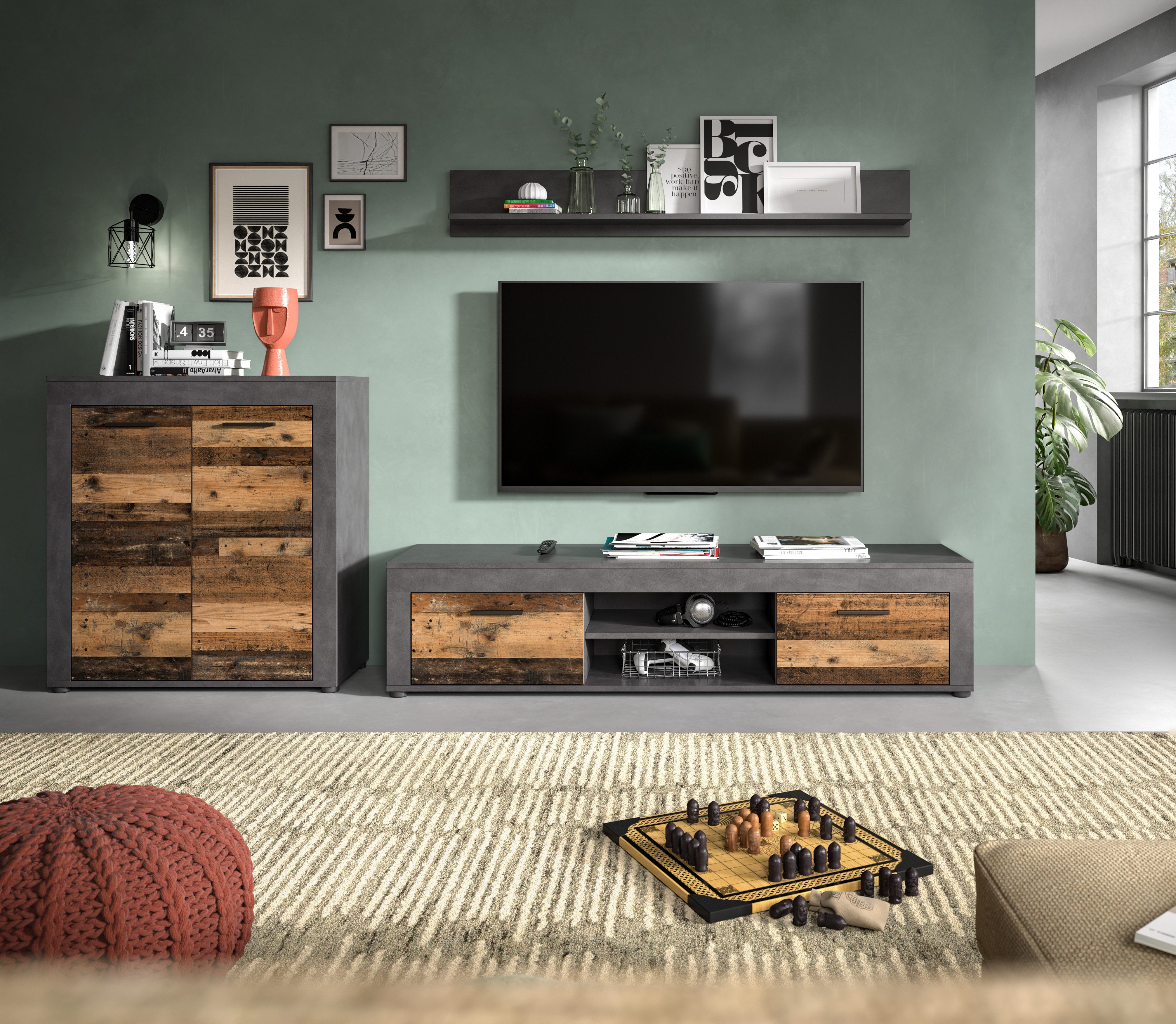 INOSIGN Wandmeubel Aosta, Breedte 255cm, bestaand uit Highboard, Lowboard, Wandplank Woonwand, combinatie, opbouwwand, meubelset, kastwand, meubelcombi (3-delig)