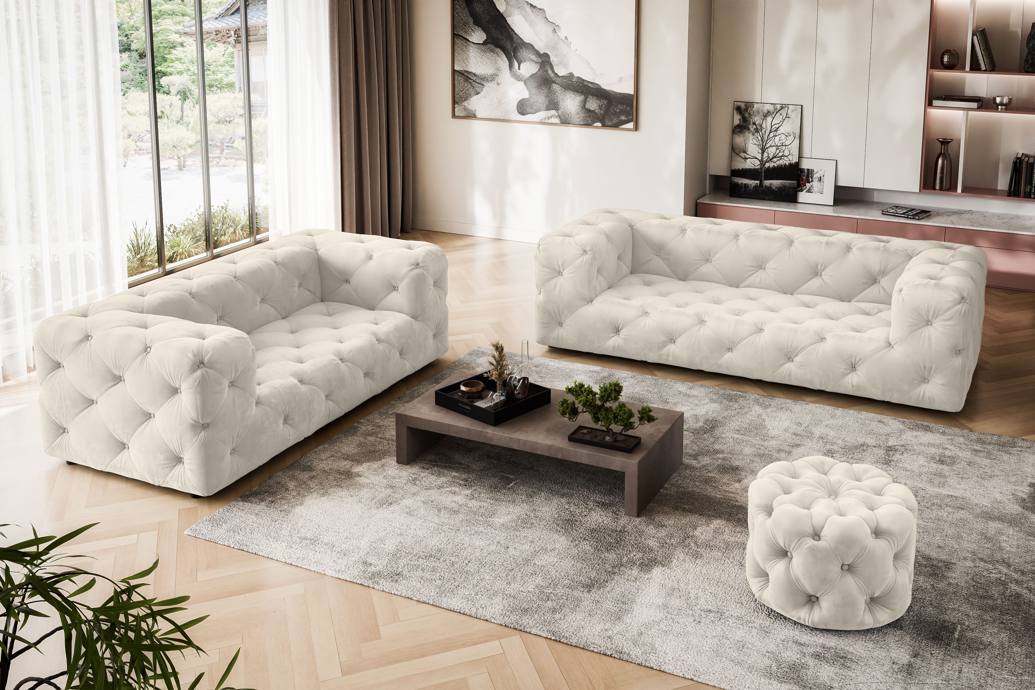 Places of Style 3-zitsbank FOLLINA 3-zits bank met klassieke chesterfield knoopverwerking beige, 3-zitsbanken