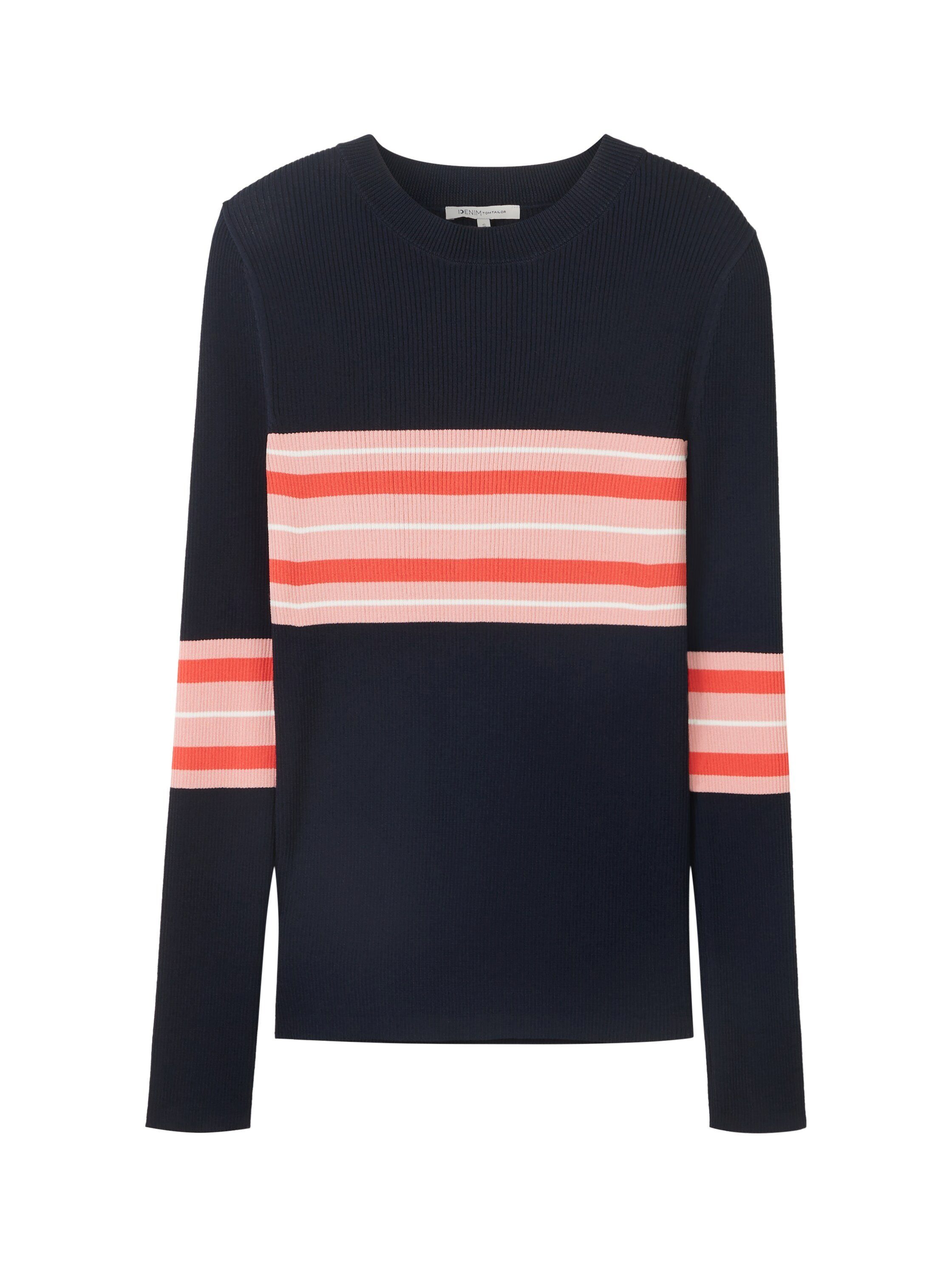 Tom Tailor Denim Trui met ronde hals met colorblocking en rib-structuur
