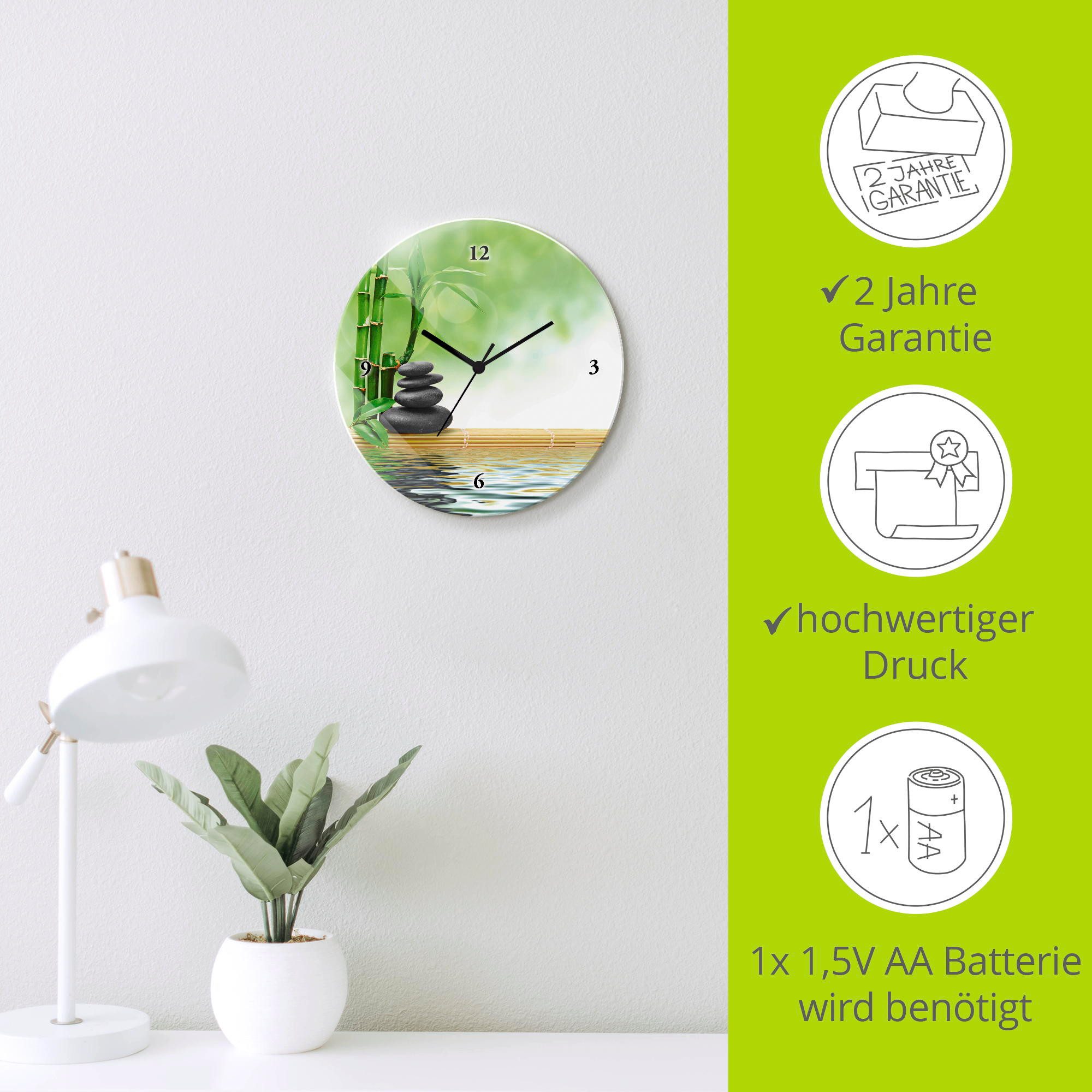 Artland Wandklok Spa concept zen basaltstenen optioneel verkrijgbaar met kwarts- of radiografisch uurwerk, geruisloos zonder tikkend geluid