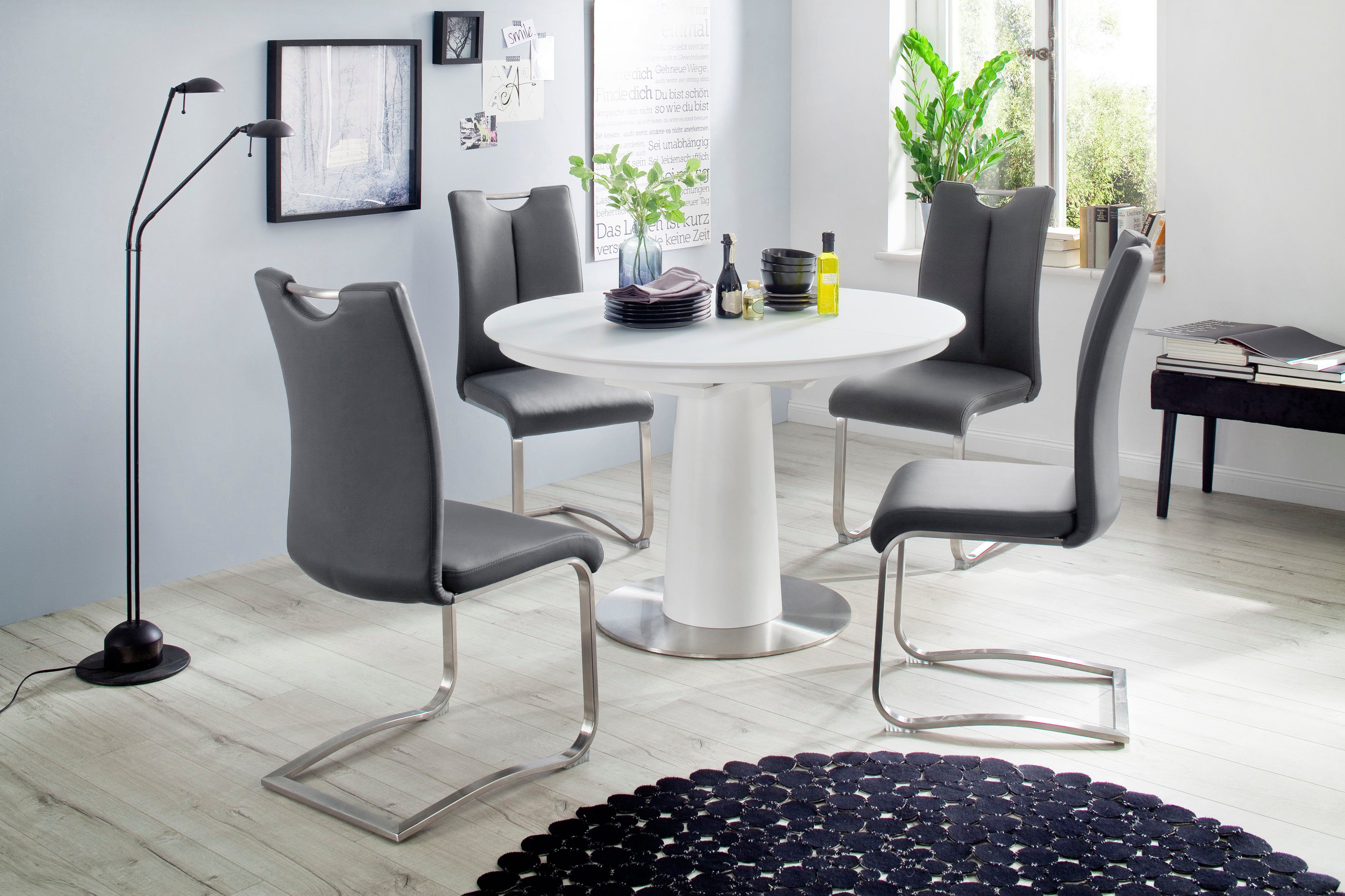 MCA furniture Eettafel Waris Eettafel rond met synchroon uittrek, matwit met veiligheidsglas