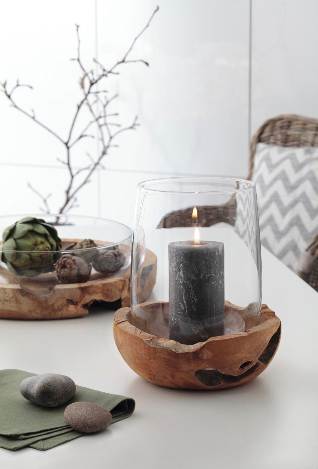 LEONARDO Schaal ERRA 39 cm met teakvoet, kalk-natron-glas, handgemaakt