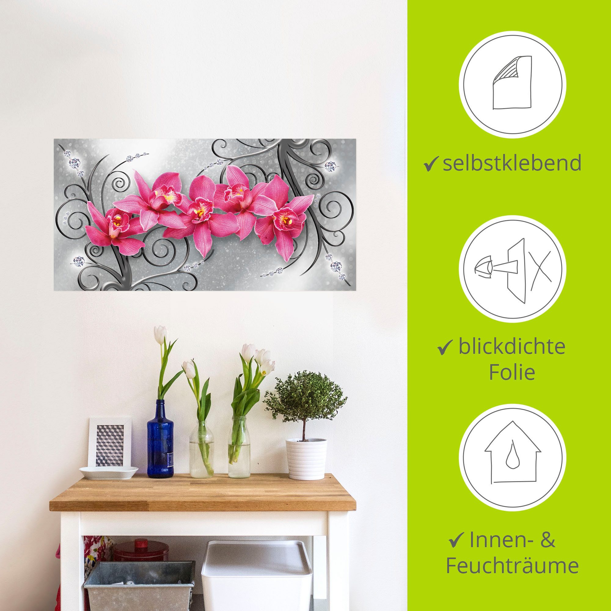 Artland Artprint Roze orchideeën op ornamenten als artprint van aluminium, artprint voor buiten, artprint op linnen, poster, muursticker